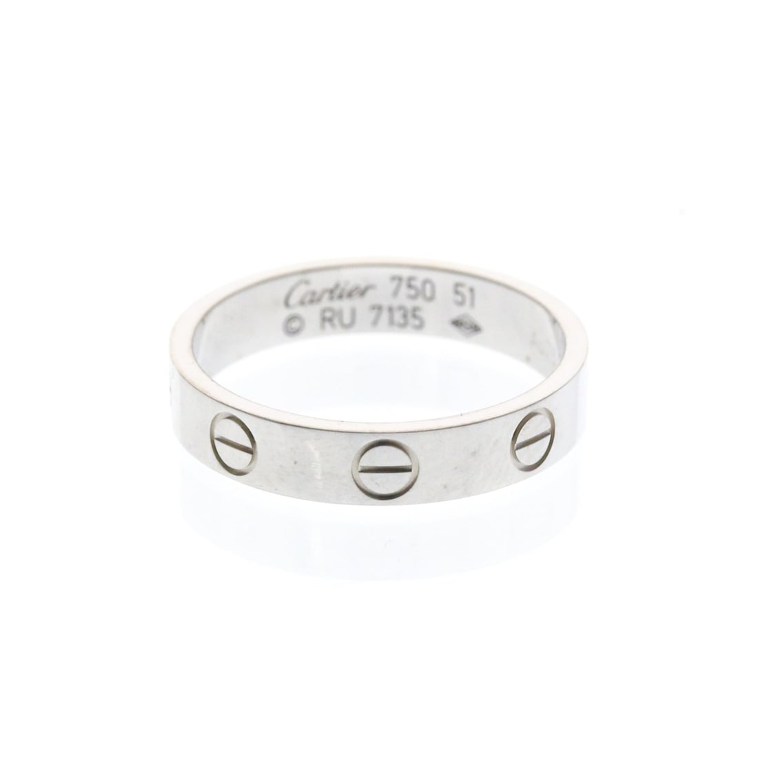 Cartier Mini Love Ring White Gold (18K) Fashion No Stone Band Ring Silver: --- Catalog ---Category: SizeWidth: 3.7mm / 0.15''Weight: 3.2g / 0.11oz.JP Size: 11US Size: 5 3/4Brand Size: 51Category: DesignType: Band ringColor: SilverMetal: White GoldStone: No StoneStyle: Fashio