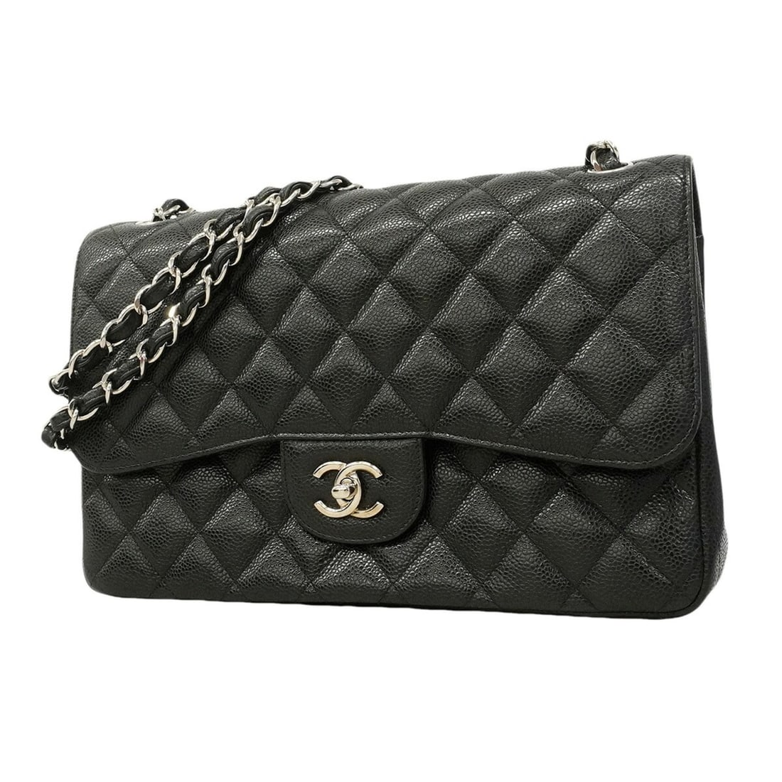 Chanel Shoulder Bag, Large Matelassé, Double Flap, Chain, Caviar Leather, Black, Women's (1 of 10)