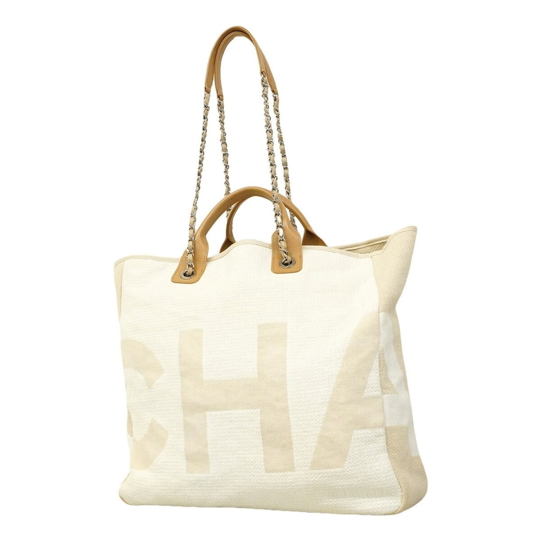 Chanel Deauville Chain Shoulder Bag, Canvas, Beige, 2-way bag for women: --- Catalog ---Category: SizeSize (HxWxD): 38cm x 38.5cm x 13.5cm / 14.96'' x 15.15'' x 5.31''Category: DesignType: HandbagColor: BeigeGender: WomenMaterial: Canvas Hardware Color: SilverCategory: Gen