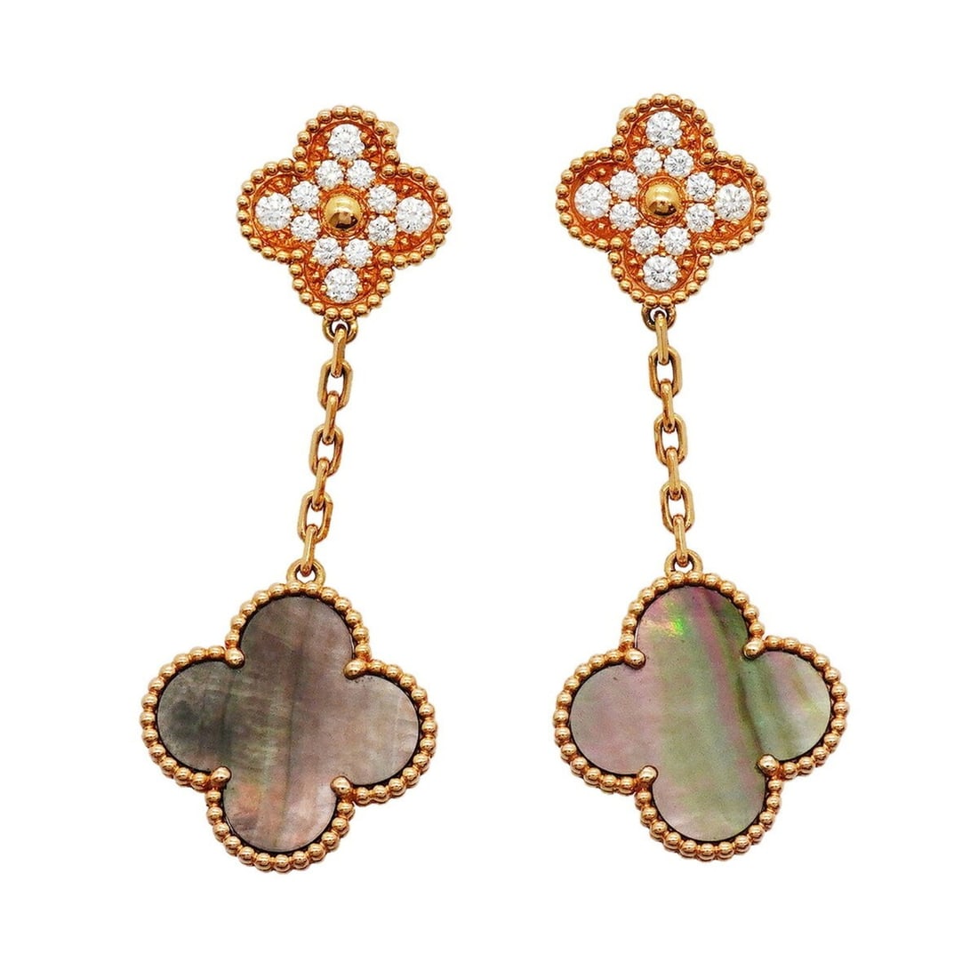Van Cleef & Arpels Magic Alhambra Earrings, 2 Motifs, 18K Pink Gold, Grey Shell, Ladies': --- Catalog ---Category: SizeSize (HxWxD): 54.20mm x 20.60mm / 2.13'' x 0.81''Category: DesignType: Stud earringsGender: WomenMaterial: Pink gold (18K)Category: GeneralBrand: Van Cleef & Arpels--- Ite