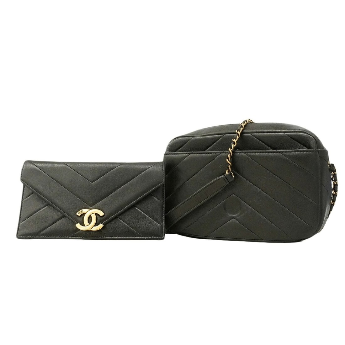 Chanel Shoulder Bag, Chain Shoulder, Chevron Leather, Black, Women's