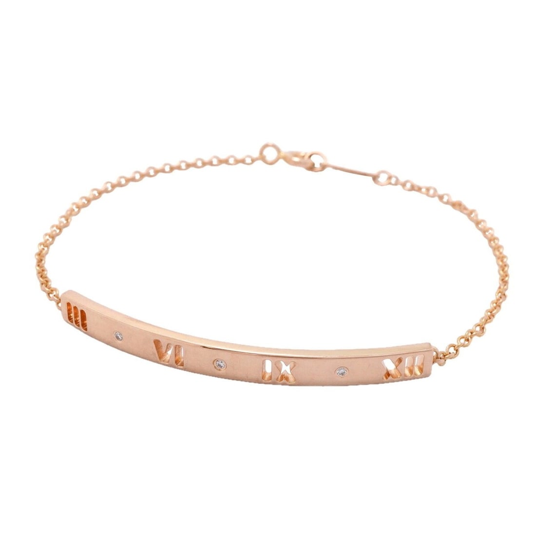 Tiffany & Co. Atlas Pierced Bracelet, 3 Diamonds, 18K Pink Gold, Ladies': --- Catalog ---Category: SizeLength: 16.5cm / 6.49''Category: DesignType: Charm braceletStone: DiamondGender: WomenMaterial: Pink gold (18K)Category: GeneralBrand: Tiffany--- Item List ---Section: Con