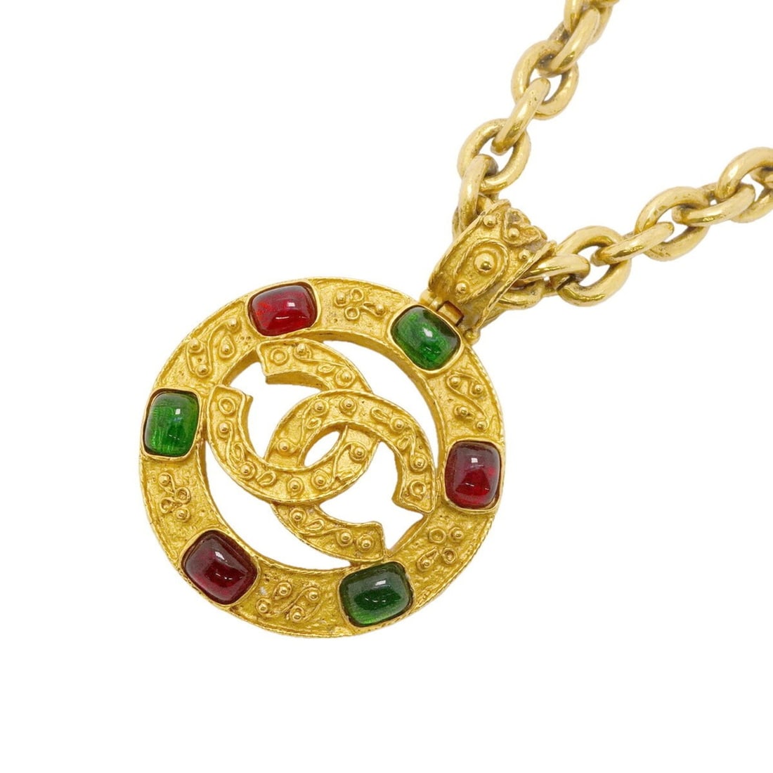 Chanel Necklace, Coco Mark, Gripoix Circle, GP Plated, Colored Stone, Gold, Green, Red, Women's: --- Catalog ---Category: SizePendant Size: 65.1mm x 46.4mm / 2.56'' x 1.82''Neck Circumference: 67 cm / 26.37''Category: DesignColor: Gold, Green, Red colorStone: Color stoneGender: WomenMaterial: Gol
