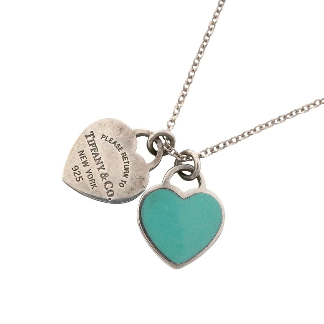Tiffany & Co. Double Return to Heart Necklace, Sterling Silver 925, Blue, Women's: --- Catalog ---Category: SizePendant Size: 13.6mm x 12.9mm / 0.53'' x 0.5''Neck Circumference: 41.5 cm / 16.33''Category: DesignColor: BlueGender: WomenMaterial: Silver 925Necklace Type: NecklaceCateg
