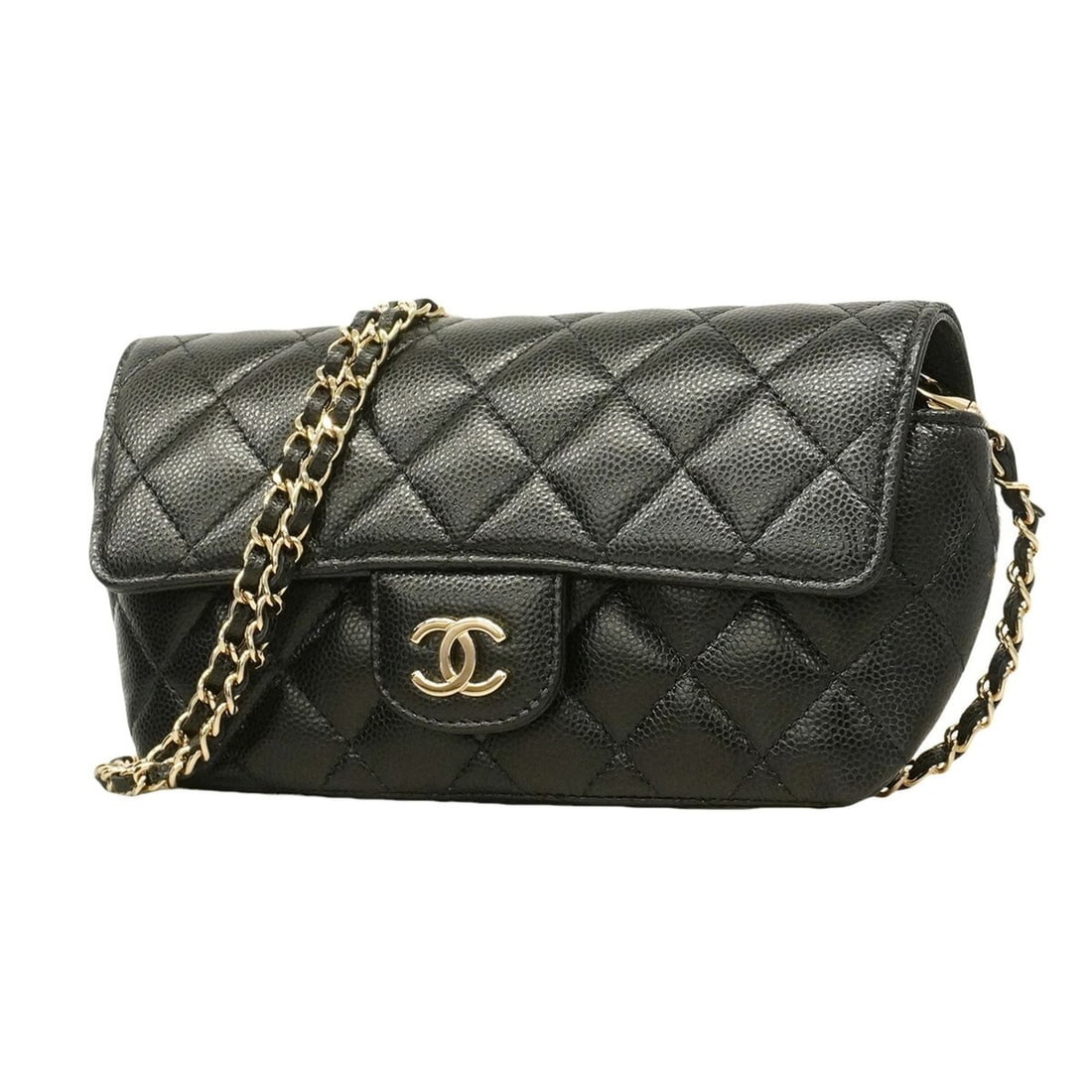 Chanel Matelassé Chain Shoulder Bag, Caviar Leather, Black/Champagne, Women's