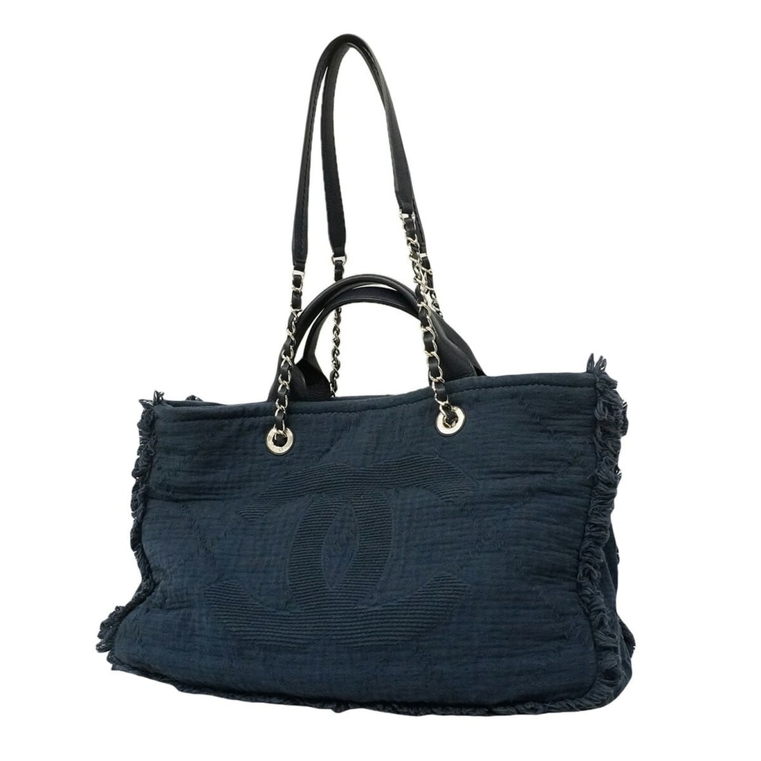 Chanel Deauville Chain Tote Bag, Cotton, Navy, 2-way bag for women: --- Catalog ---Category: SizeSize (HxWxD): 26cm x 37cm x 15cm / 10.23'' x 14.56'' x 5.9''Category: DesignType: Tote bagColor: NavyGender: WomenMaterial: Cotton Hardware Color: SilverCategory: GeneralB