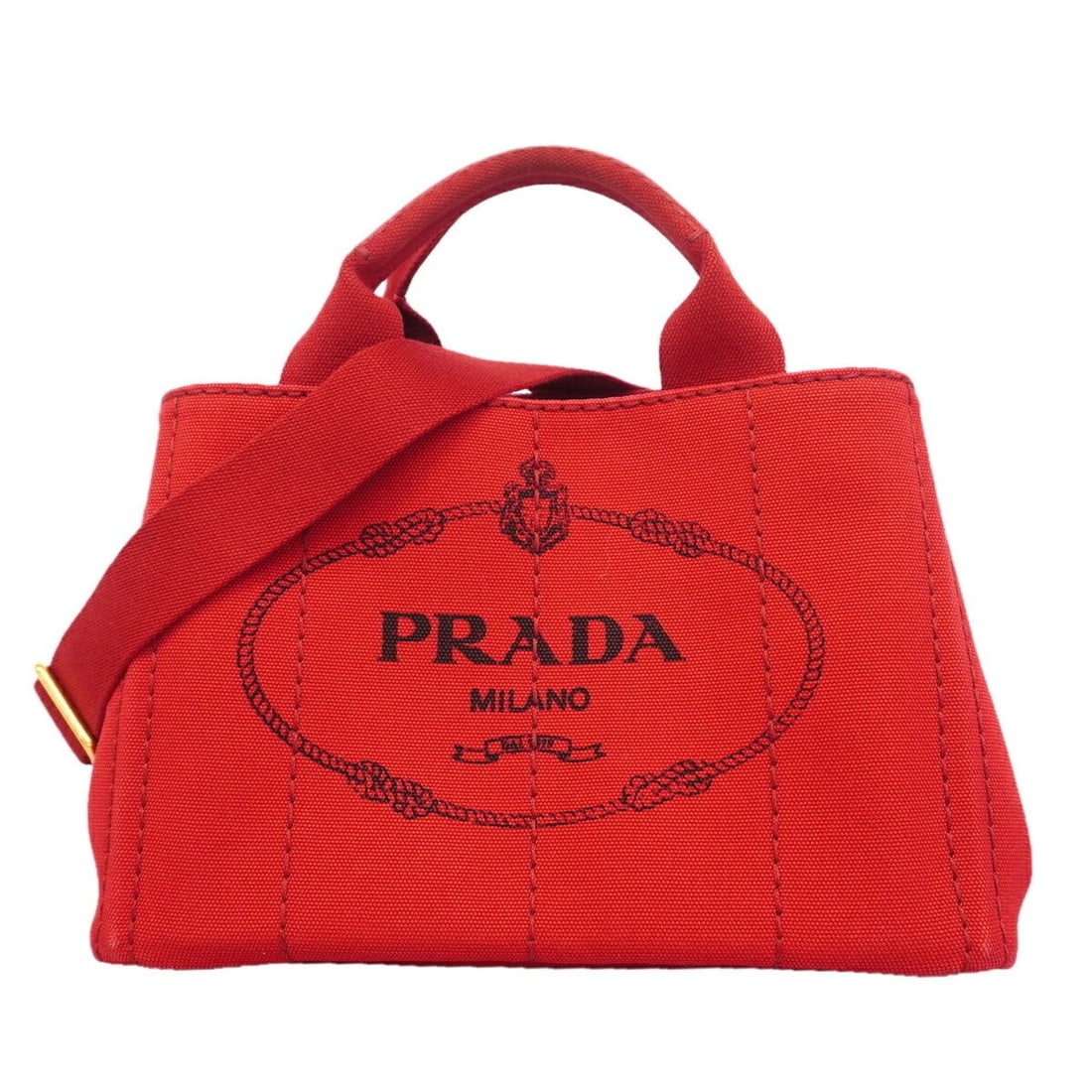 Prada Canapa Canvas Tote Bag, Red, 2-way bag for women: --- Catalog ---Category: SizeSize (HxWxD): 18.5cm x 28.5cm x 16cm / 7.28'' x 11.22'' x 6.29''Category: DesignType: Tote bagColor: Red colorGender: WomenMaterial: Canvas Hardware Color: GoldCategory: G