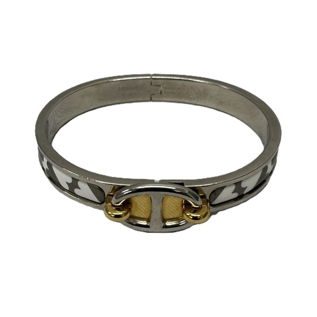 HERMES Mini Click Chaine d'Ancre Bangle Bracelet, Camouflage, White, Gray, Gold, Silver: --- Catalog ---Category: SizeWeight: 28.57g / 1oz.Category: DesignType: BangleGender: WomenMaterial: Enamel, Lacquer, MetalCategory: GeneralLine: ClicBrand: Hermes--- Item List ---Section: ConditionRa