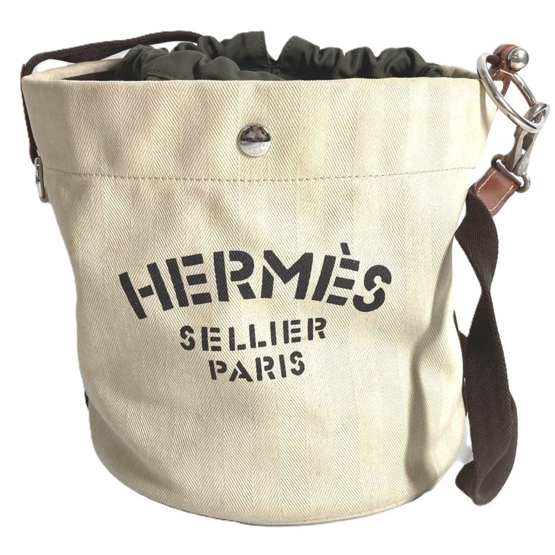 HERMES Sac de Pansage Bucket Bag with Pouch, Leather and Canvas, Beige, Crossbody