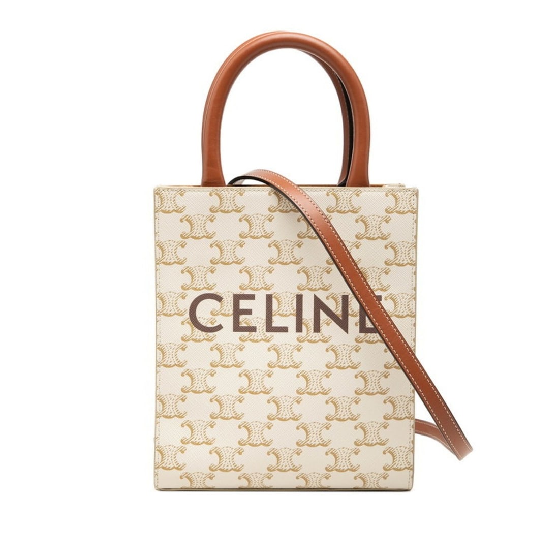 Celine Triomphe Vertical Cabas Mini Handbag Shoulder Bag 2-Way White Brown Leather Women's CELINE: --- Catalog ---Category: SizeSize (HxWxD): 20cm x 17cm x 5.5cm / 7.87'' x 6.69'' x 2.16''Category: DesignType: Handbag, Shoulder bagColor: Brown, WhiteGender: WomenMaterial: PVC , Leather Category: Ge