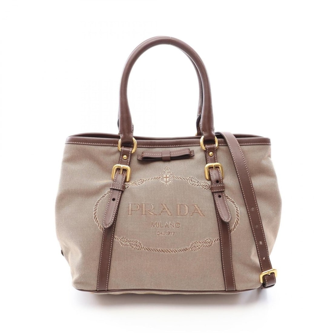 Prada LOGO JACQUARD 2-Way Tote Bag/Handbag, Canvas and Leather, Women's, Beige/Brown: --- Catalog ---Category: SizeSize (HxWxD): 22cm x 28cm x 16.5cm / 8.66'' x 11.02'' x 6.49''Category: DesignType: Handbag, Tote bagColor: Beige, BrownGender: WomenMaterial: Canvas , Leather Category: G