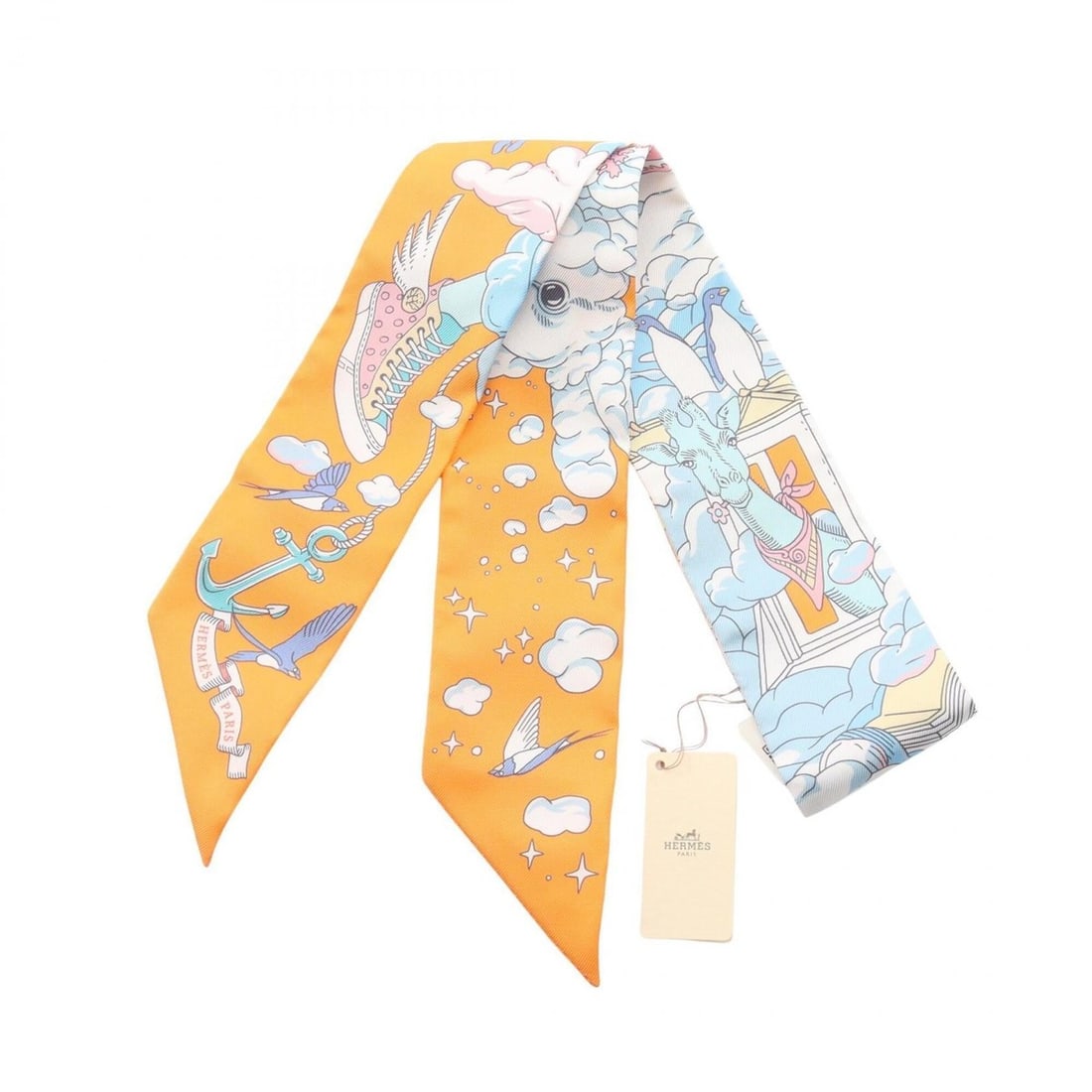 Hermes Twilly Sur Mon Nuage Ribbon Scarf Muffler Silk Women's Orange Multicolor: --- Catalog ---Category: SizeSize (LxW): 85cm x 5cm / 33.46'' x 1.96''Category: DesignType: ScarfColor: Multi-color, OrangeGender: WomenMaterial: Silk Category: GeneralBrand: Hermes--- Item List ---Se