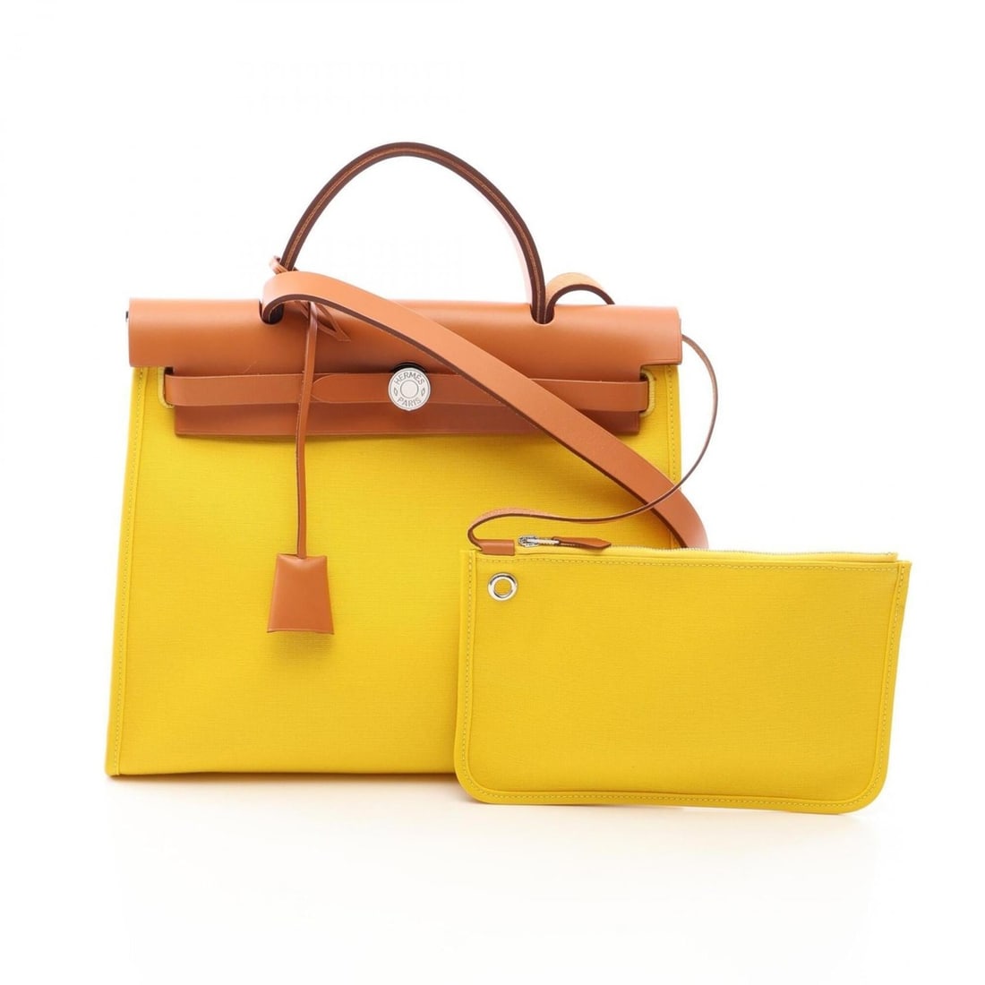 Hermes Herbag Zip PM 2-Way Handbag, Canvas and Leather, Toile Officier Vache Hunter, Women's,: --- Catalog ---Category: SizeSize (HxWxD): 24cm x 31cm x 10cm / 9.44'' x 12.2'' x 3.93''Category: DesignType: HandbagColor: Brown, Natural, YellowGender: WomenMaterial: Canvas , Leather Category: Gene