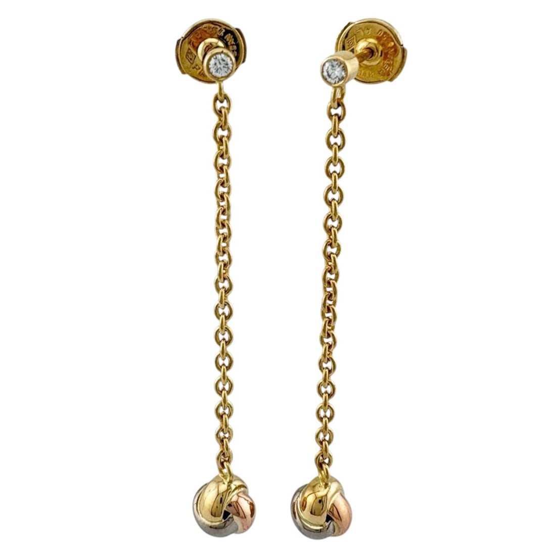 Cartier Baby Trinity Earrings, 18K Yellow Gold, Diamonds, Women's, CARTIER, Pre-owned: --- Catalog ---Category: SizeWeight: 5.5g / 0.19oz.Size (HxWxD): 54.00mm x 7.00mm / 2.13'' x 0.28''Category: DesignType: Drop earringsStone: DiamondGender: WomenHandmade: YesMaterial: Pink gold (18K),