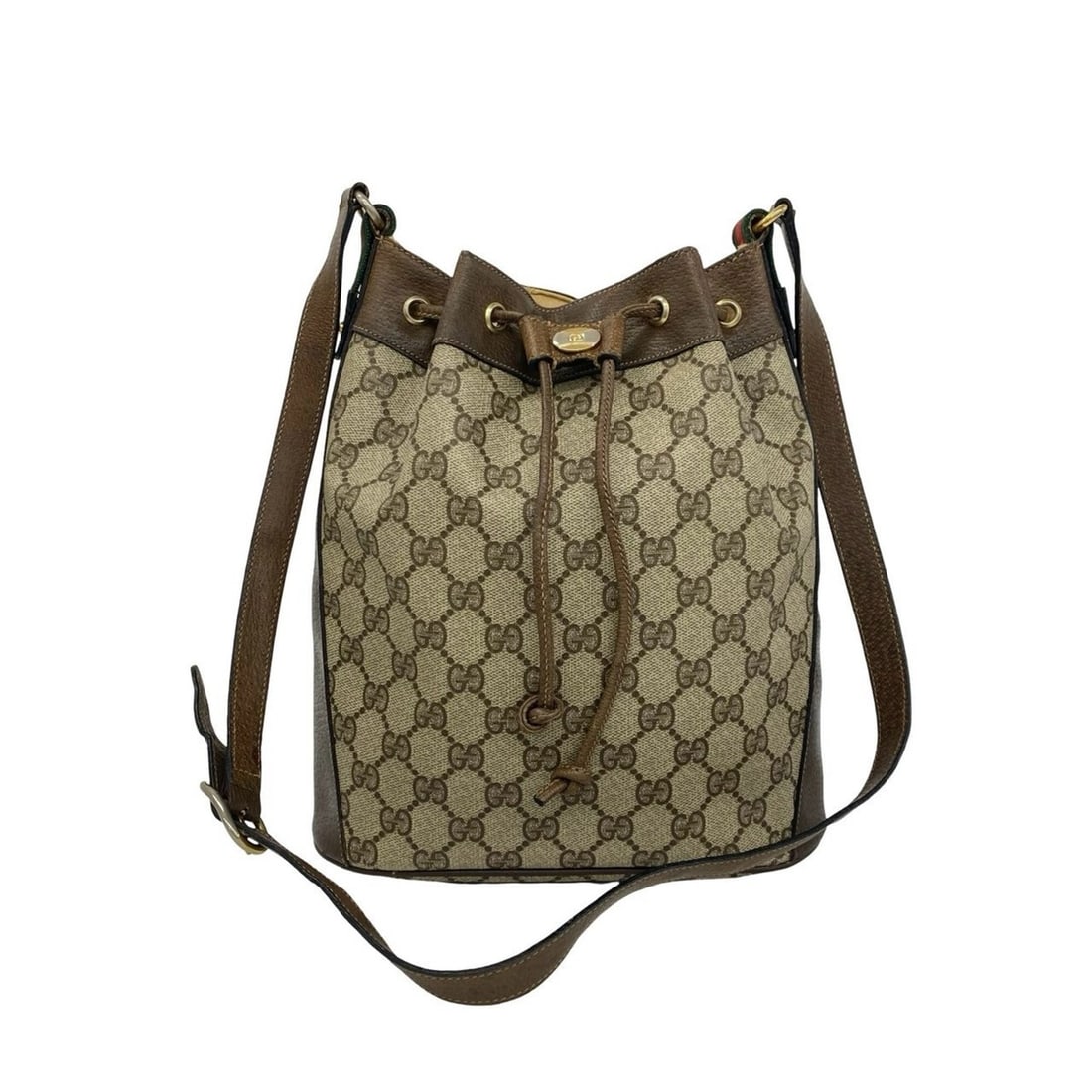 GUCCI Vintage Sherry Line GG Logo Leather Drawstring Shoulder Bag, Brown, 37094: --- Catalog ---Category: SizeSize (HxWxD): 26.5cm x 23cm x 9.5cm / 10.43'' x 9.05'' x 3.74''Category: DesignType: Shoulder bagColor: Brown, Green, Red colorGender: WomenMaterial: Leather , PVC Categor