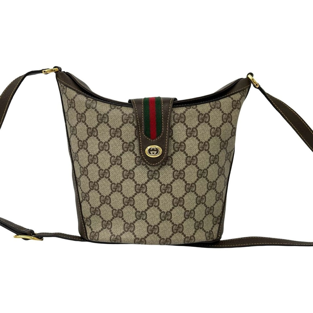 GUCCI Vintage Sherry Line GG Logo Leather Shoulder Bag/Pochette, Brown, 66978: --- Catalog ---Category: SizeSize (HxWxD): 18cm x 19.5cm x 11cm / 7.08'' x 7.67'' x 4.33''Category: DesignType: Pochette, Shoulder bagColor: Brown, Green, Red colorGender: WomenMaterial: Leather , PVC