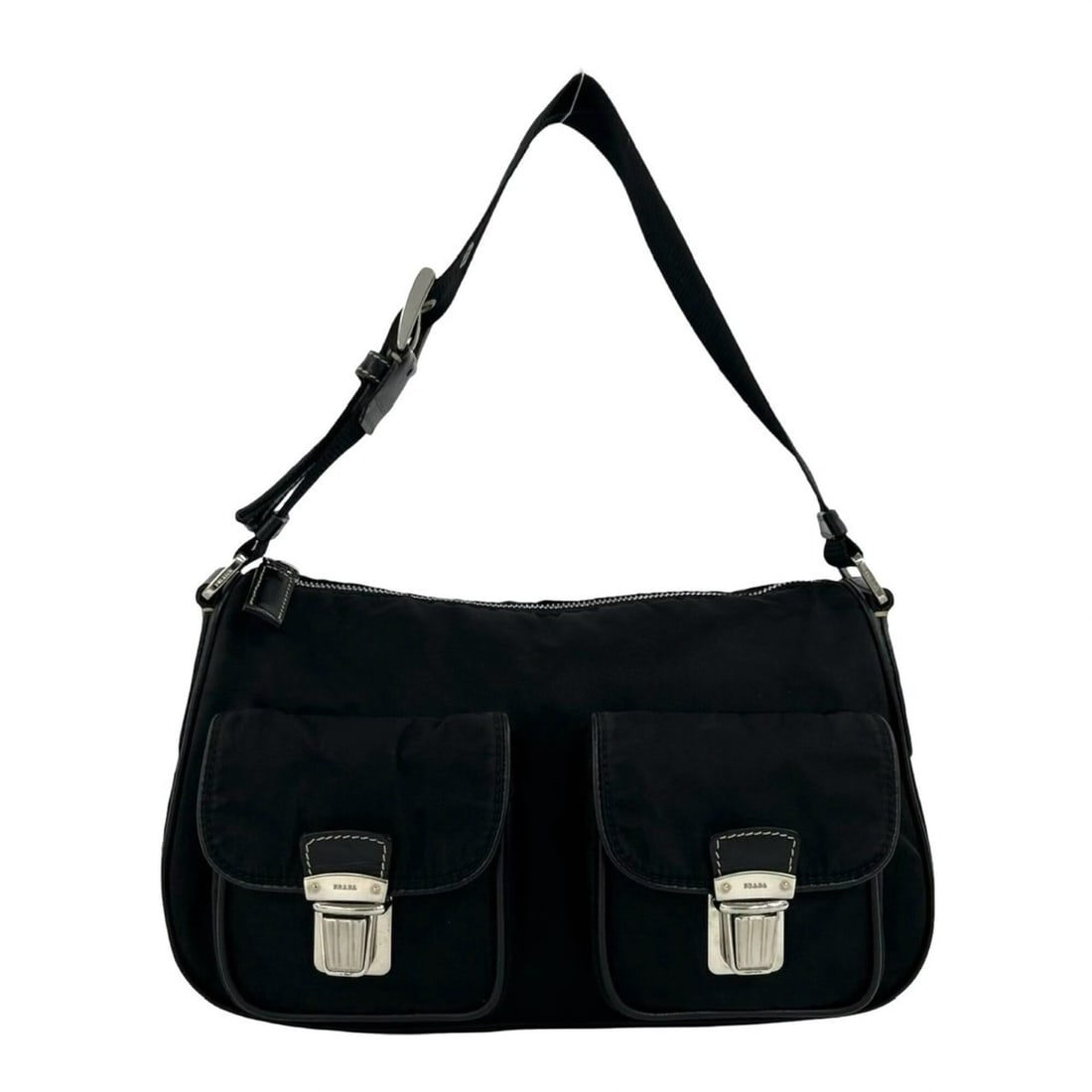 PRADA Triangle Logo Hardware Leather Tessuto Nylon Semi One Shoulder Bag Handbag Black 51708: --- Catalog ---Category: SizeSize (HxWxD): 19cm x 29.5cm x 10cm / 7.48'' x 11.61'' x 3.93''Category: DesignType: Handbag, Shoulder bagColor: BlackGender: WomenMaterial: Leather , Nylon Category: Gener