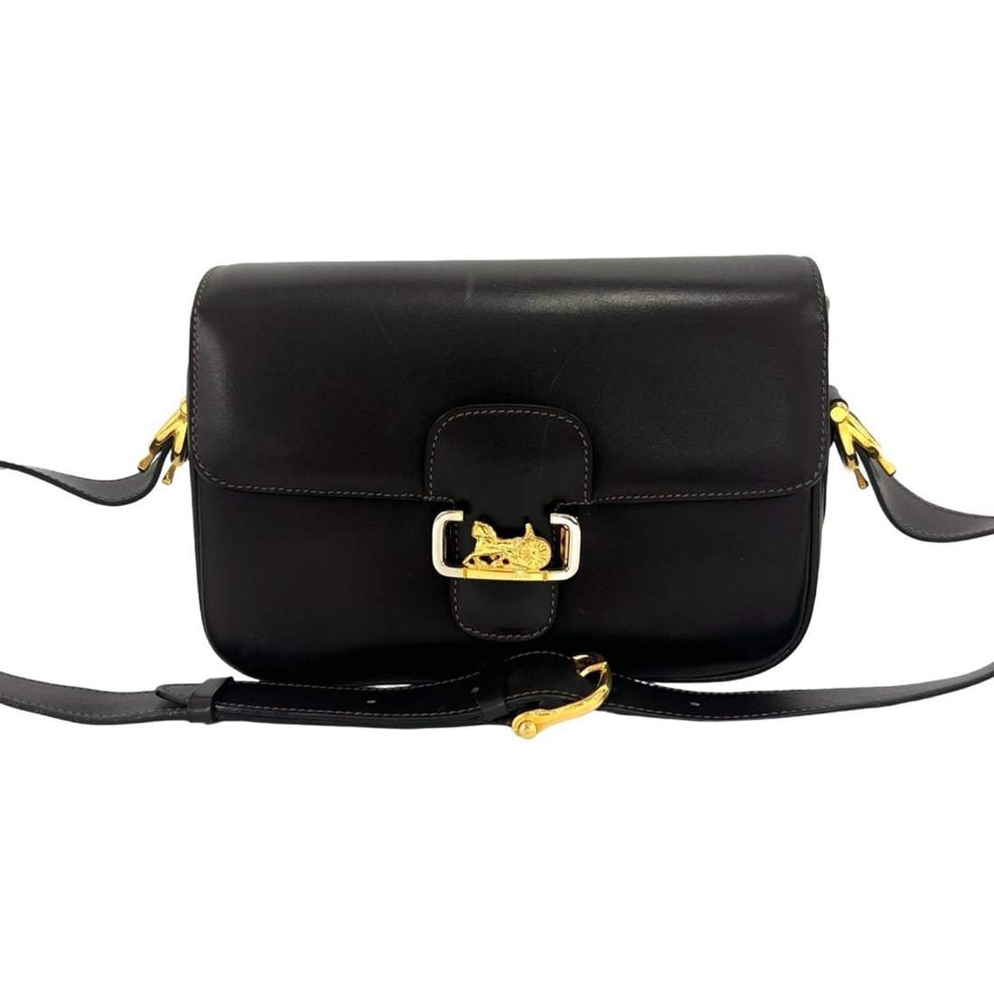 CELINE Vintage Leather Semi-One-Shoulder Bag/Sacoche with Carriage Hardware, Brown, 44655