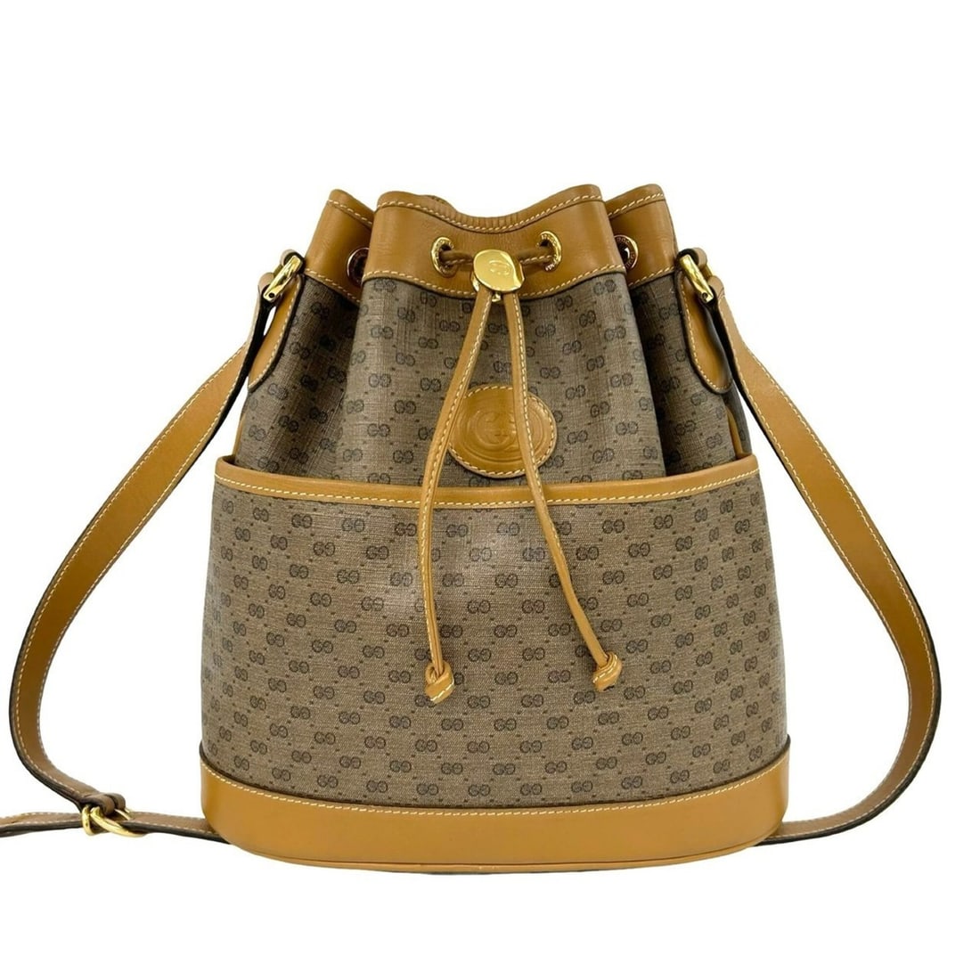 GUCCI Vintage Micro GG Pattern Logo Hardware Leather Drawstring Shoulder Bag Brown 36393