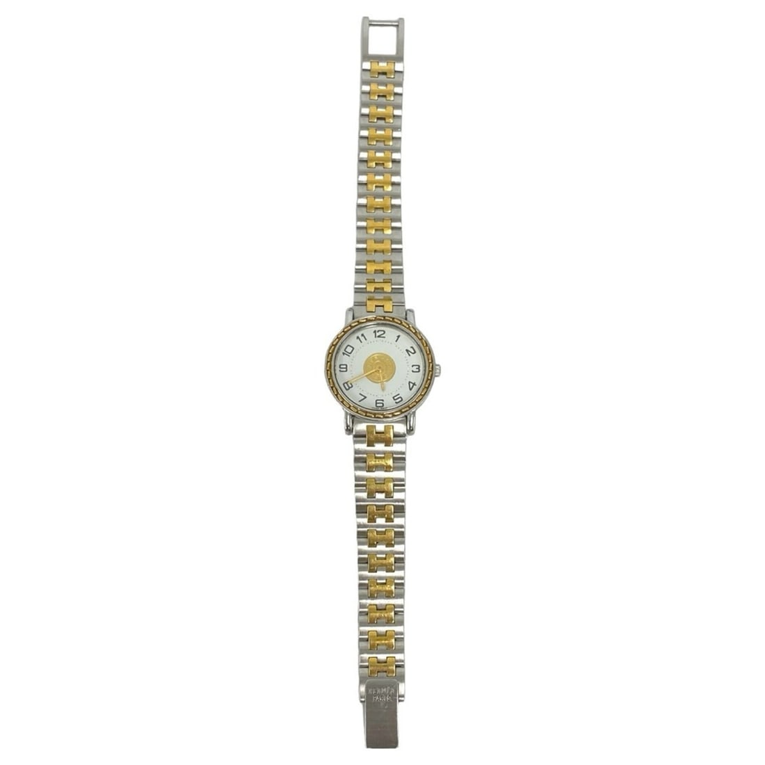 HERMES Vintage Sellier Stainless Steel GP Wristwatch Silver Gold 79642: --- Catalog ---Category: SizeWrist Size: 15cm / 5.9''Case Diameter: 24mm / 0.94''Category: DesignType: WristwatchGender: WomenMaterial (Band): Gold plated, Stainless steelMaterial (Case): Gold plated,