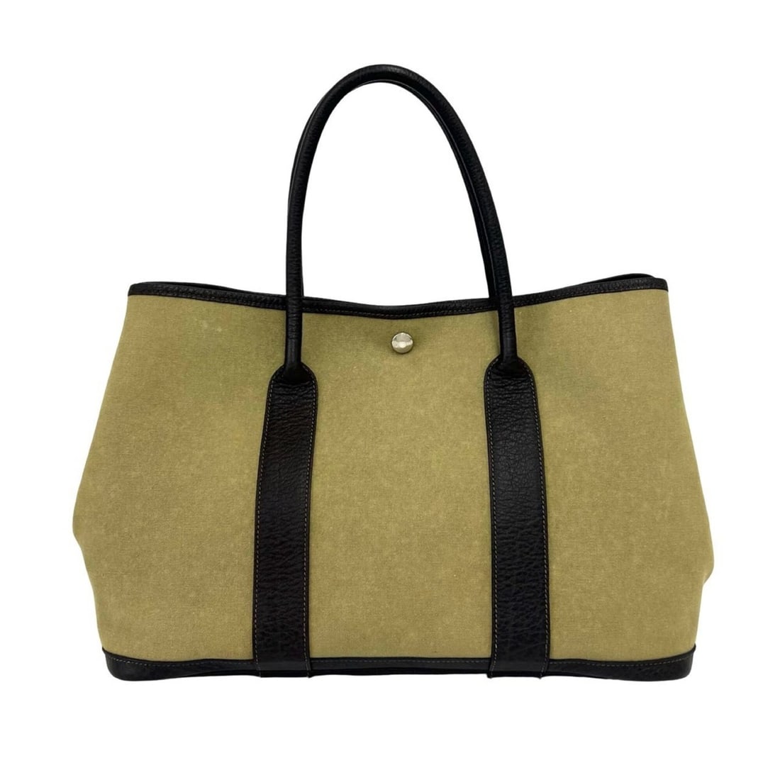 HERMES Garden Party PM Toile Officier Buffle Genuine Leather Tote Bag Handbag Khaki Brown 21616: --- Catalog ---Category: SizeSize (HxWxD): 24.5cm x 37.5cm x 17cm / 9.64'' x 14.76'' x 6.69''Category: DesignType: Handbag, Tote bagColor: Brown, KhakiGender: WomenMaterial: Toile officier , Buffalo l