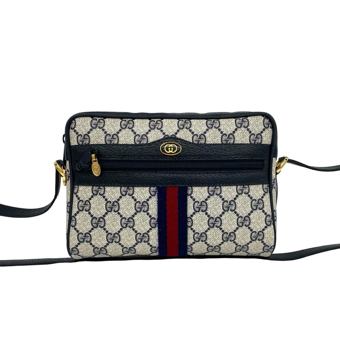 GUCCI Sherry Line GG Pattern Logo Hardware Leather One Shoulder Bag Sacoche Navy Red 520-4 (1 of 10)