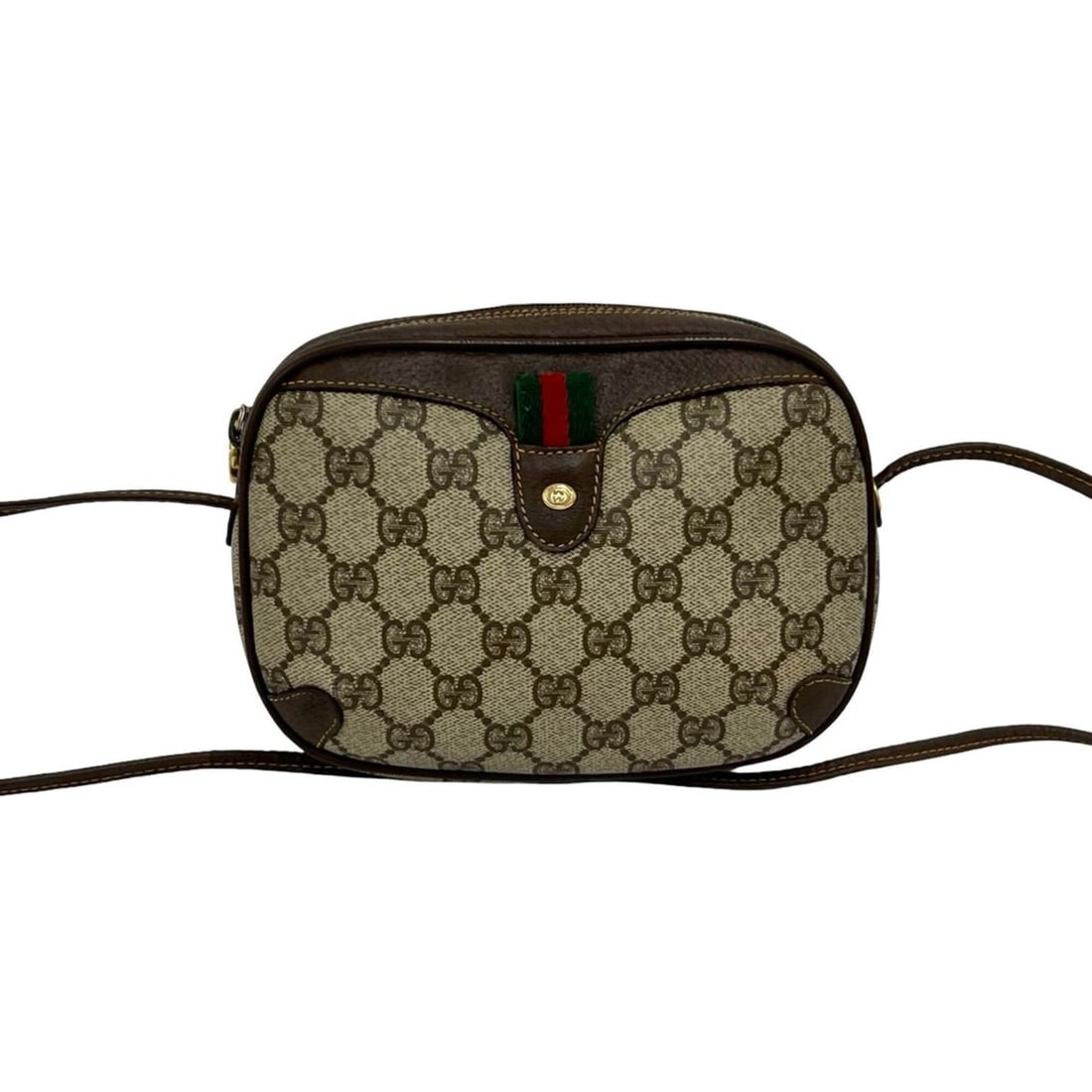 GUCCI Vintage Sherry Line GG Logo Leather Shoulder Bag (Brown) - 26632: --- Catalog ---Category: SizeSize (HxWxD): 14cm x 20cm x 4.5cm / 5.51'' x 7.87'' x 1.77''Category: DesignType: Shoulder bagColor: Brown, Green, Red colorGender: WomenMaterial: PVC , Leather Category: 