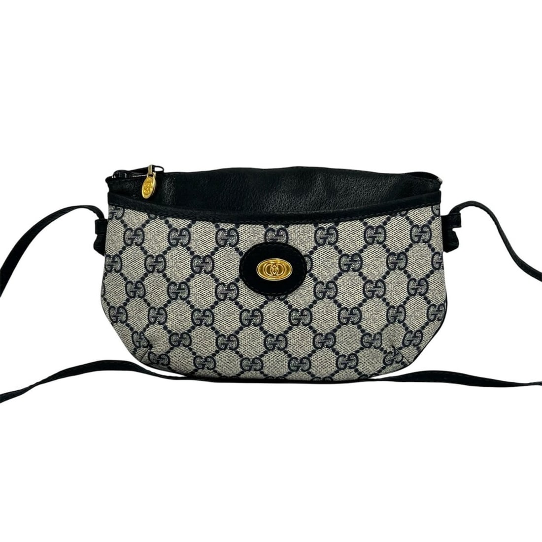 GUCCI (Old Gucci) Vintage GG Logo Leather Shoulder Bag/Pouch/Sacoche, Navy, 50700