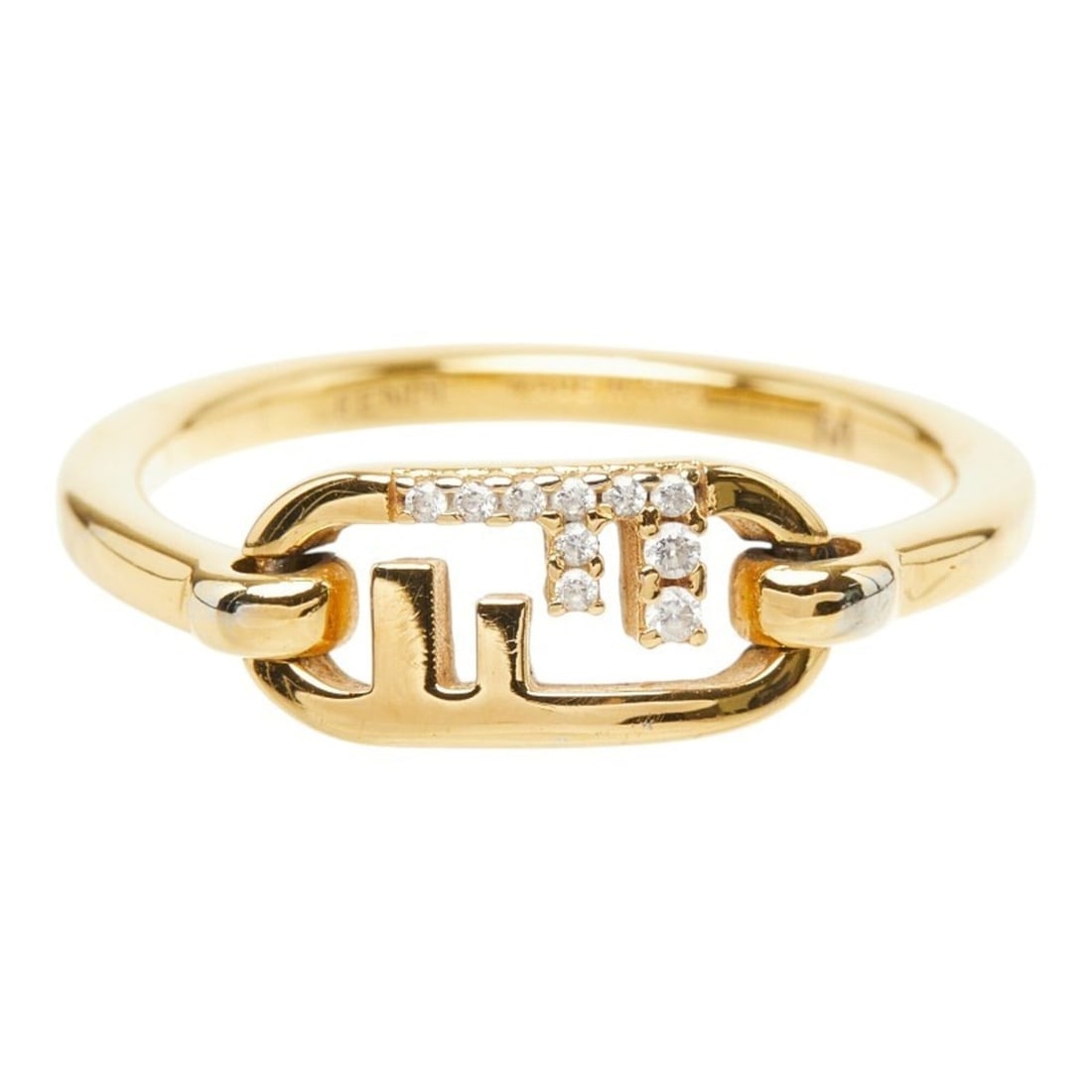 Fendi FF Logo Ring, Size M, Gold Plated, Rhinestone, Women's.