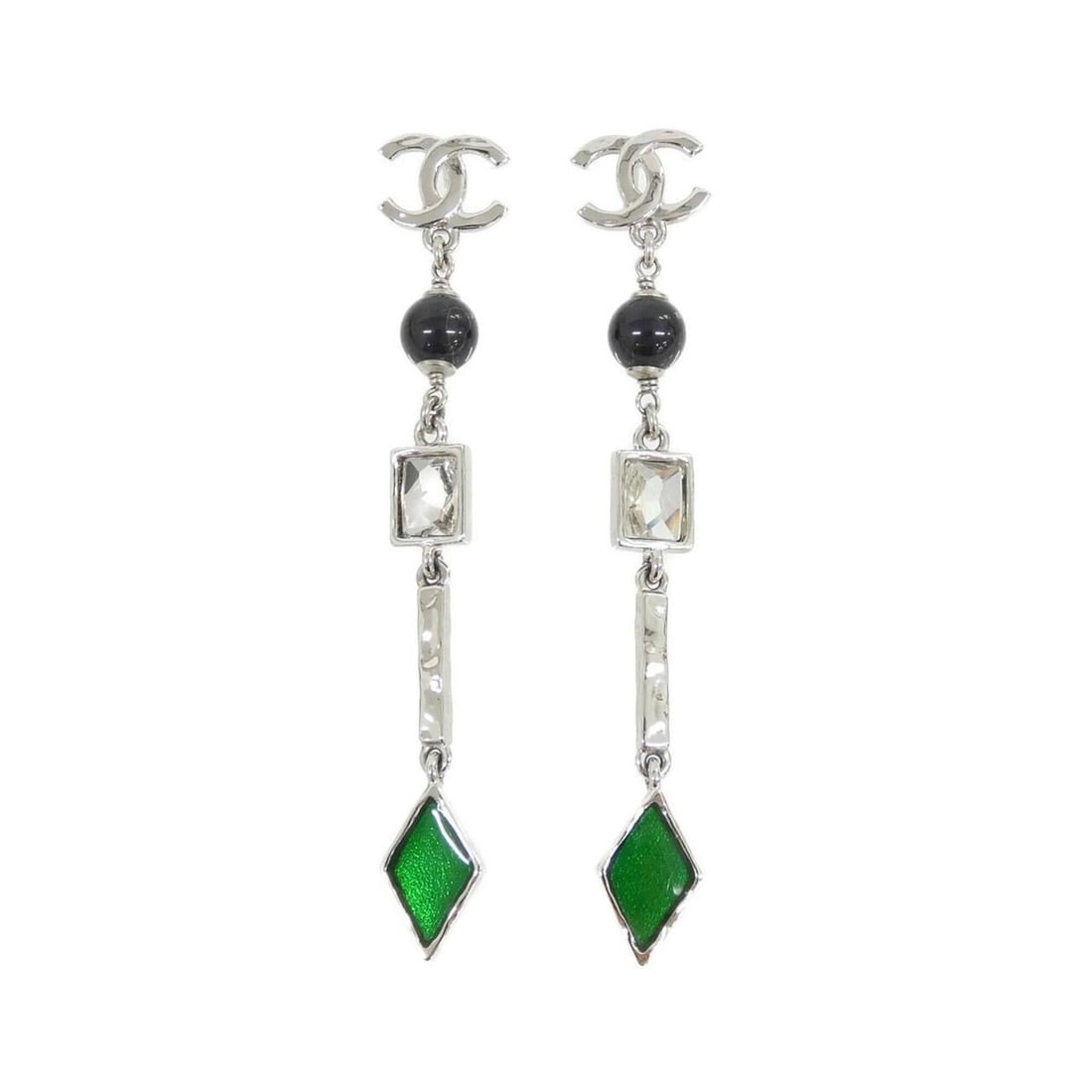 Chanel earrings: --- Catalog ---Category: SizeSize (HxWxD): 85.00mm x 19.00mm / 3.35'' x 0.75''Category: DesignType: Stud earringsColor: Black, GreenGender: WomenMaterial: SilverCategory: GeneralBrand: Chanel--- Item