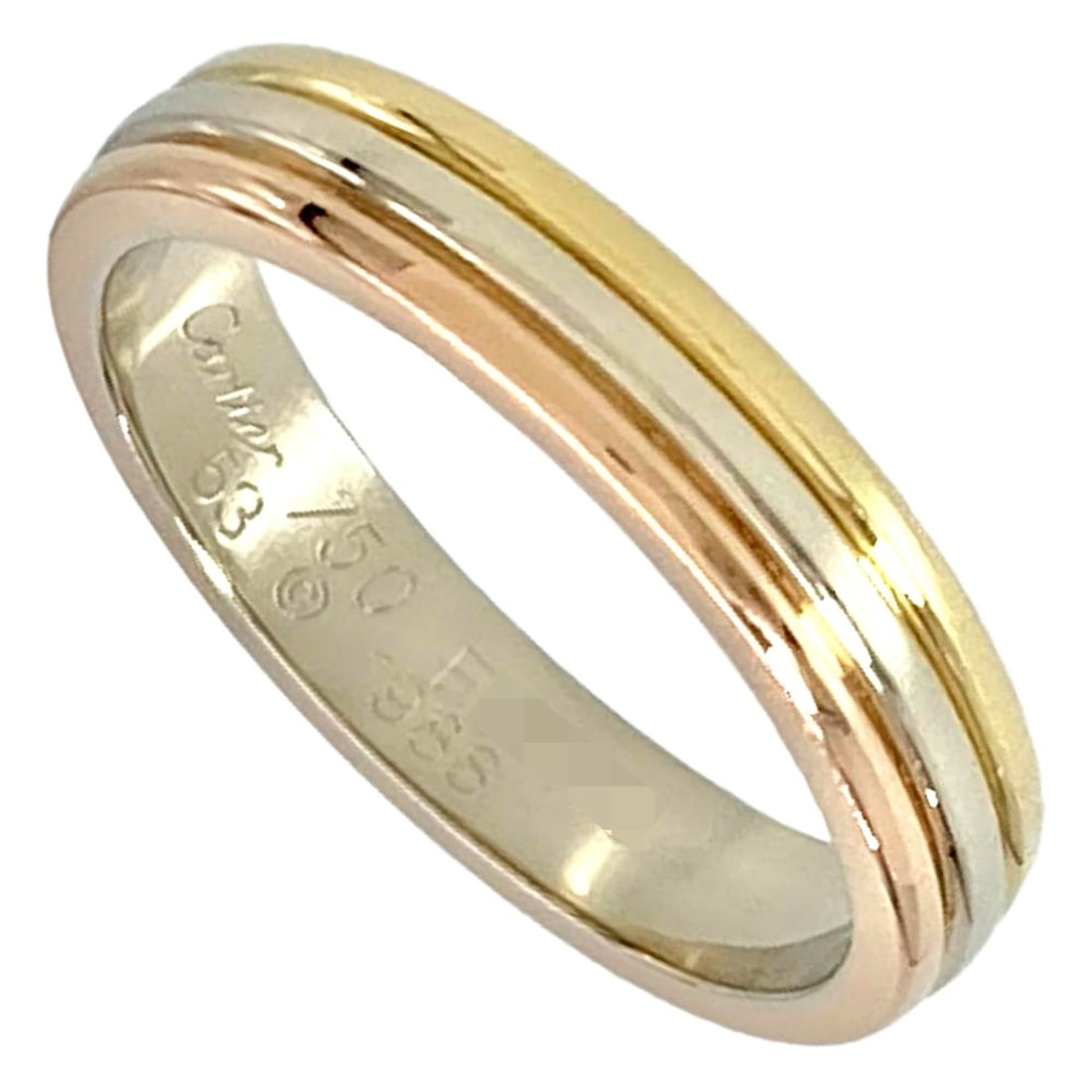 Cartier Louis Vendôme Ring, Size #53, 18K Yellow Gold (4.6g), White (18K Gold), Pink Three-Color: --- Catalog ---Category: SizeUS Size: 6.5Brand Size: 53Category: DesignType: Band ringGender: WomenMaterial: Pink gold (18K), White gold (18K), Yellow gold (18K)Category: GeneralBrand: Cartier--- Item