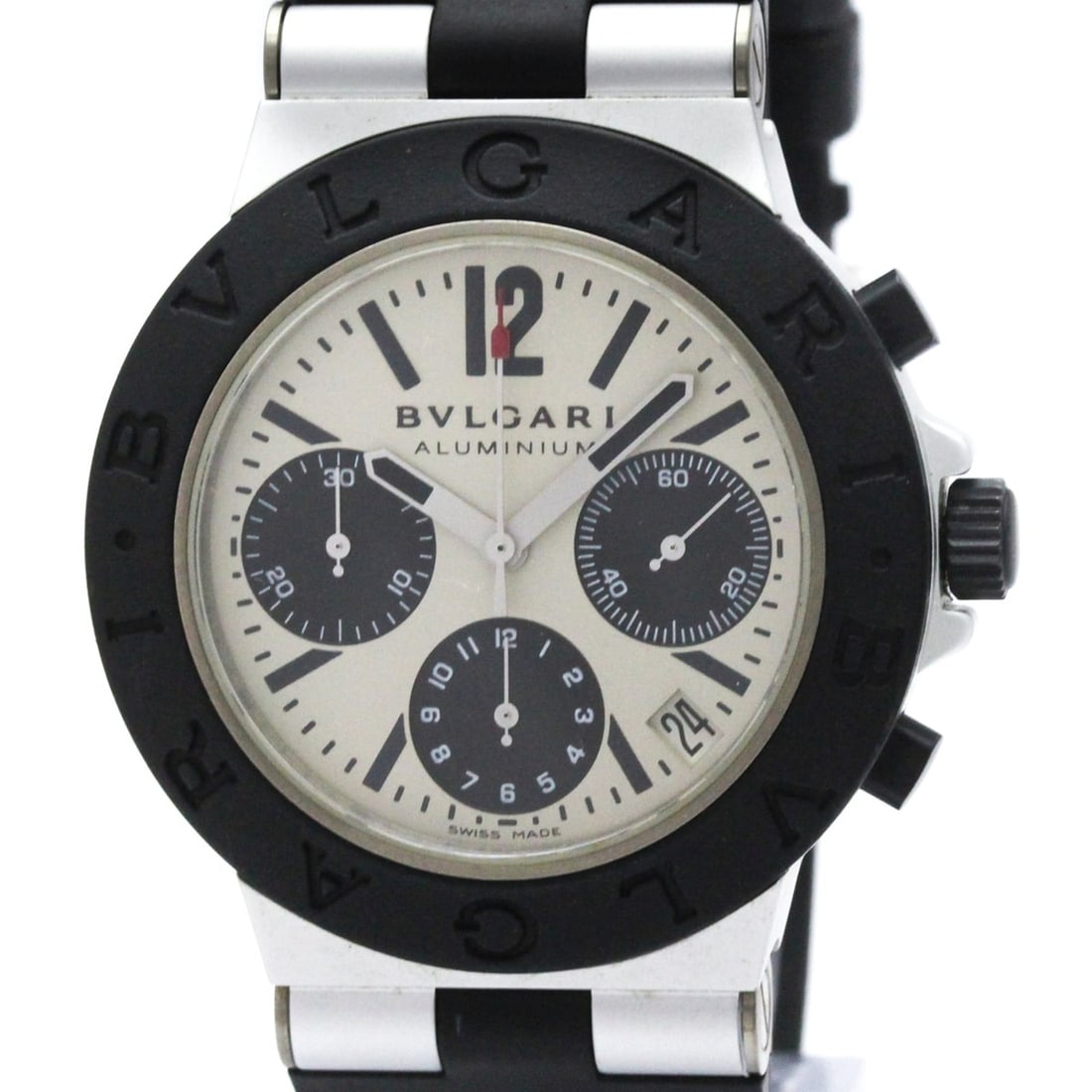 BVLGARI Aluminium Chronograph Automatic Mens Watch AC38TA: --- Catalog ---Category: SizeCase Diameter: 38mm / 1.5''Category: DesignType: WristwatchStyle: SportGender: MenColor (Dial): SilverMaterial (Band): RubberMaterial (Case): Aluminum, RubberCategory: Gen