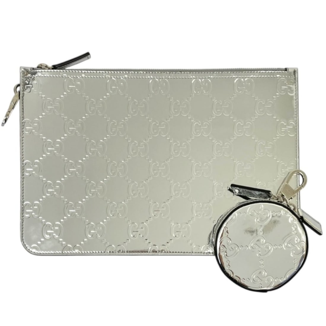 GUCCI GG Shima Mirror Effect Circle Pouch Clutch Bag Set 812339 Silver Color Men's and Women's
