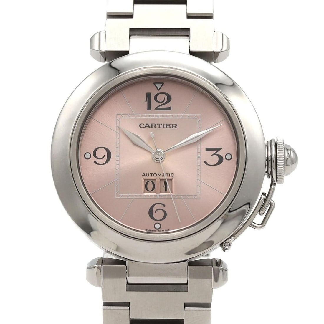 Cartier Pasha C Grande Date W31058M7 Stainless Steel Automatic Watch: --- Catalog ---Category: SizeWrist Size: 18.5cm / 7.28''Case Diameter: 35mm / 1.38''Category: DesignType: WristwatchGender: WomenColor (Dial): PinkMaterial (Band): Stainless steelMaterial (Case): Stai