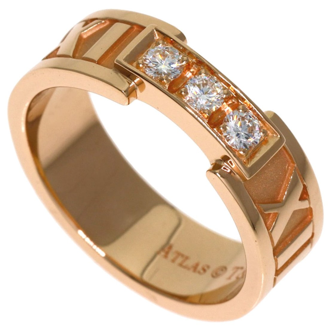 Tiffany & Co. Atlas 3-Diamond Ring, 18K Pink Gold, Women's.: --- Catalog ---Category: SizeWidth: 5.5mm / 0.22''Weight: 5.3g / 0.18oz.JP Size: 7.5US Size: 4Category: DesignType: Band ringStone: DiamondGender: WomenMaterial: Pink gold (18K)Category: GeneralLine: 