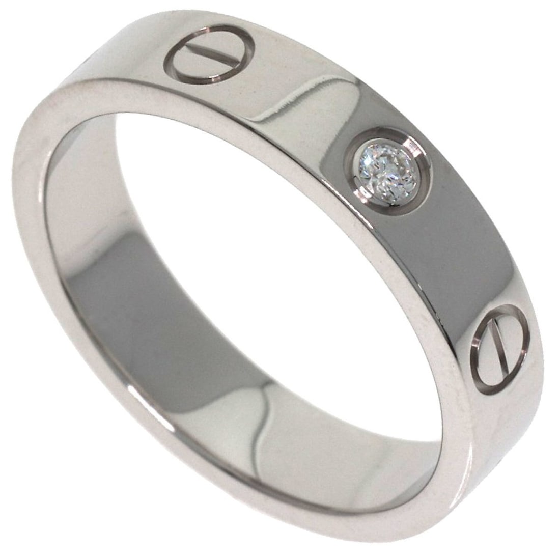 Cartier Mini Love Ring, 1P Diamond, Size 48, 18K White Gold, Women's Ring.: --- Catalog ---Category: SizeWidth: 4mm / 0.16''Weight: 4.2g / 0.14oz.JP Size: 8US Size: 4.5Category: DesignType: Band ringStone: DiamondGender: WomenMaterial: White gold (18K)Category: GeneralLine: L