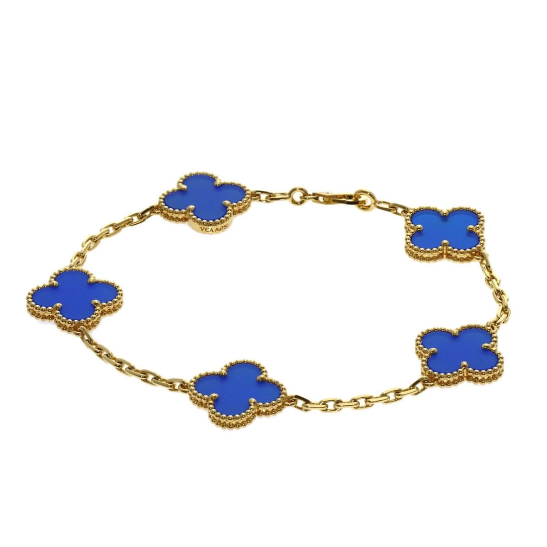 Van Cleef & Arpels Vintage Alhambra 5-Motif Blue Agate Bracelet, 18K Yellow Gold, Women's: --- Catalog ---Category: SizeWidth: 2mm / 0.07''Length: 17.5cm / 6.88''Weight: 11.5g / 0.4oz.Category: DesignType: Charm braceletGender: WomenSeason: VintageMaterial: Yellow gold (18K)Category: Genera