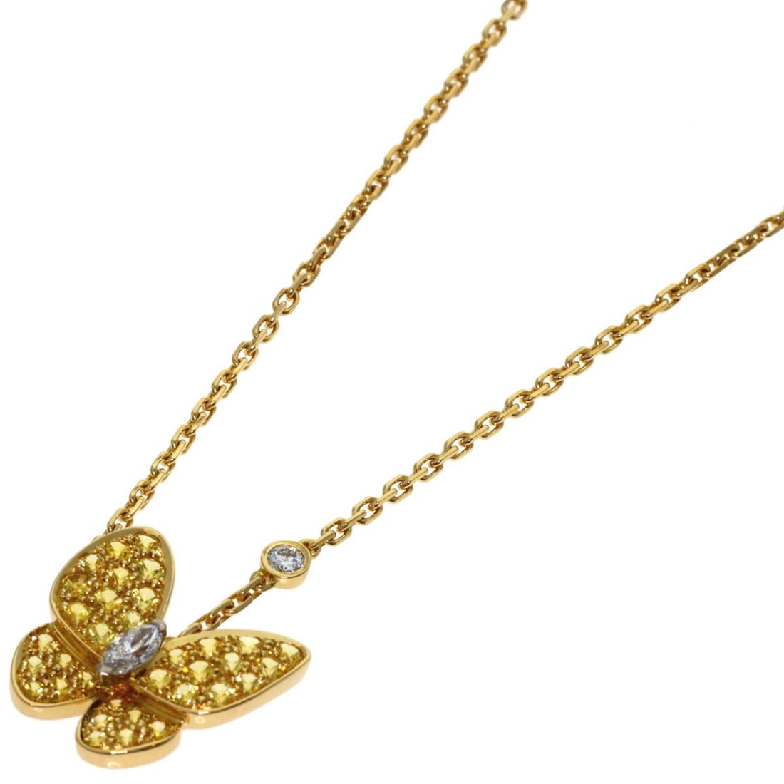 Van Cleef & Arpels de Papillon Yellow Sapphire Diamond Necklace, 18K Gold, Women's: --- Catalog ---Category: SizeWidth: 1mm / 0.04''Weight: 6g / 0.21oz.Pendant Size: 15mm x 15.5mm / 0.59'' x 0.61''Neck Circumference: 41 cm / 16.14''Category: DesignStone: Diamond, SapphireGender: Wome