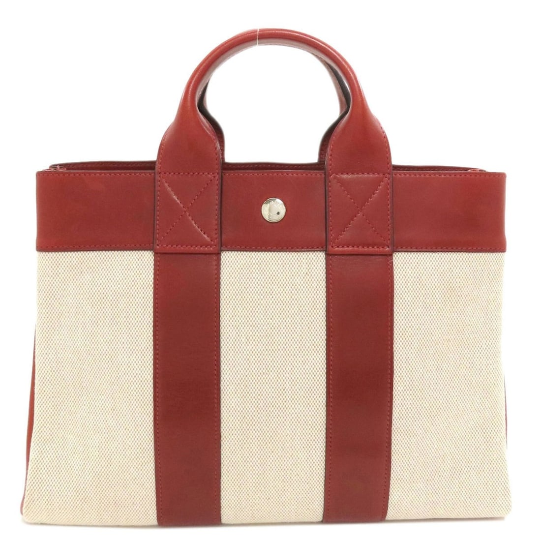 Hermes Sac Fourre-Tout PM Handbag, Toile H/Calfskin, Women's HERMES: --- Catalog ---Category: SizeSize (HxWxD): 22cm x 31.5cm x 8.5cm / 8.66'' x 12.4'' x 3.34''Handle Length: 20.5cm / 8.07''Category: DesignType: HandbagColor: Bordeaux, IvoryGender: WomenMaterial: Toile