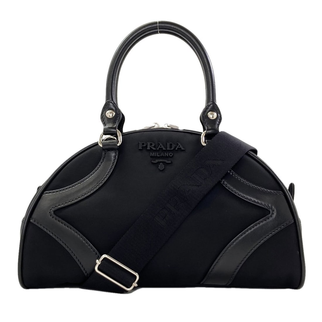 Prada Bowling Bag 2-Way Handbag Nylon/Calfskin Women's PRADA: --- Catalog ---Category: SizeSize (HxWxD): 20cm x 31cm x 15cm / 7.87'' x 12.2'' x 5.9''Strap Length: 40cm - 123.5cm / 15.74'' - 48.62''Handle Length: 32cm / 12.59''Category: DesignType: HandbagColor: 