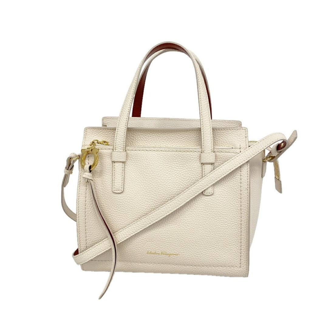 Salvatore Ferragamo Gancini Leather Handbag, Ivory Brown, 2-way Bag for Women (1 of 11)