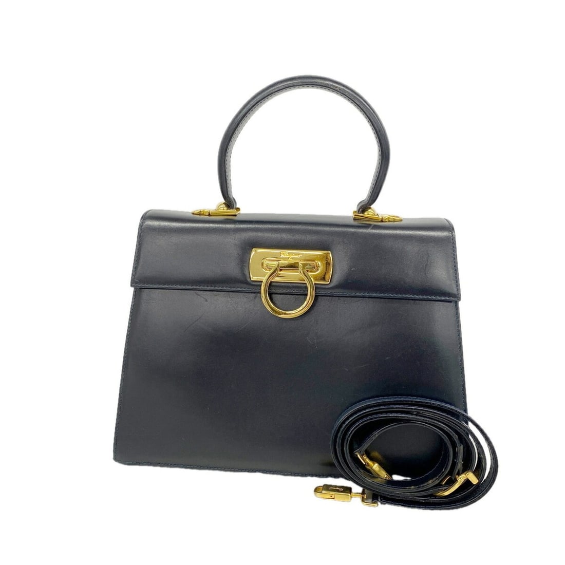 Salvatore Ferragamo Gancini Leather Handbag, Navy, 2-way Bag for Women
