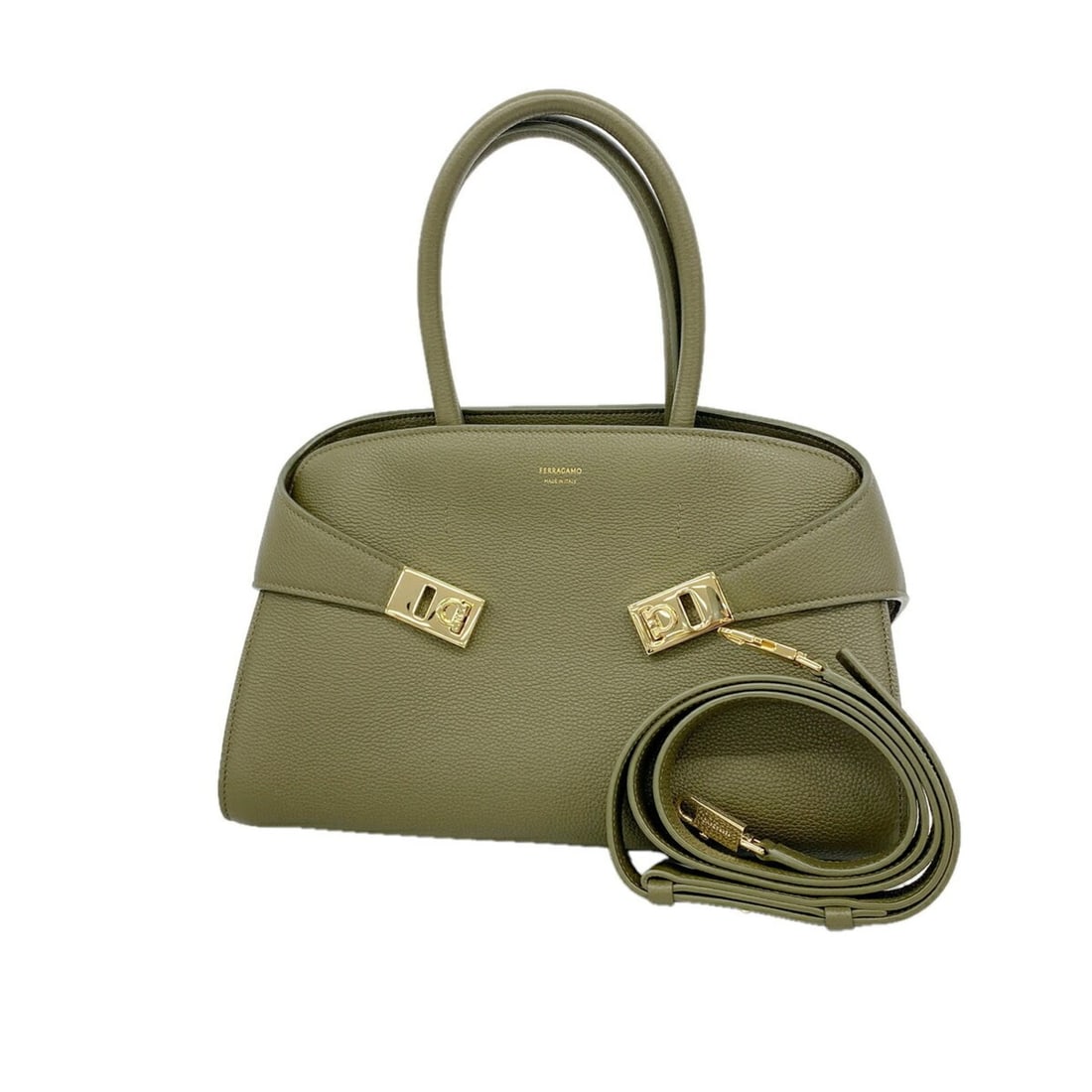 Salvatore Ferragamo Gancini Hug Leather Handbag, Khaki, 2-way Bag for Women