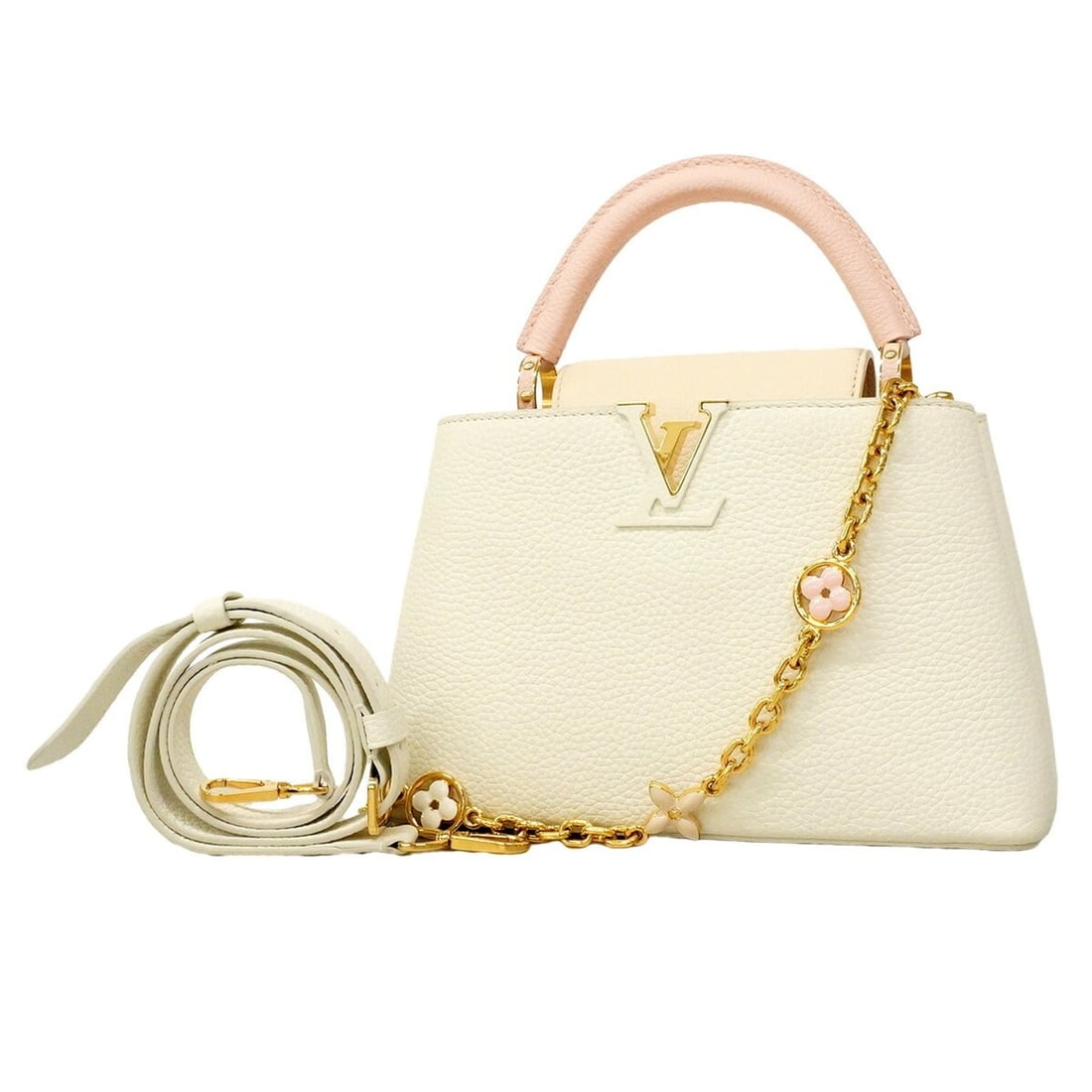 Louis Vuitton Capucines BB handbag, M11343, Snow White, Oats Jasmine Pink, 2-way bag for women,: --- Catalog ---Category: SizeSize (HxWxD): 19cm x 27cm x 9cm / 7.48'' x 10.62'' x 3.54''Category: DesignType: HandbagColor: WhiteGender: WomenCategory: GeneralMPN: M11343Brand: Louis Vuitton--- Item L