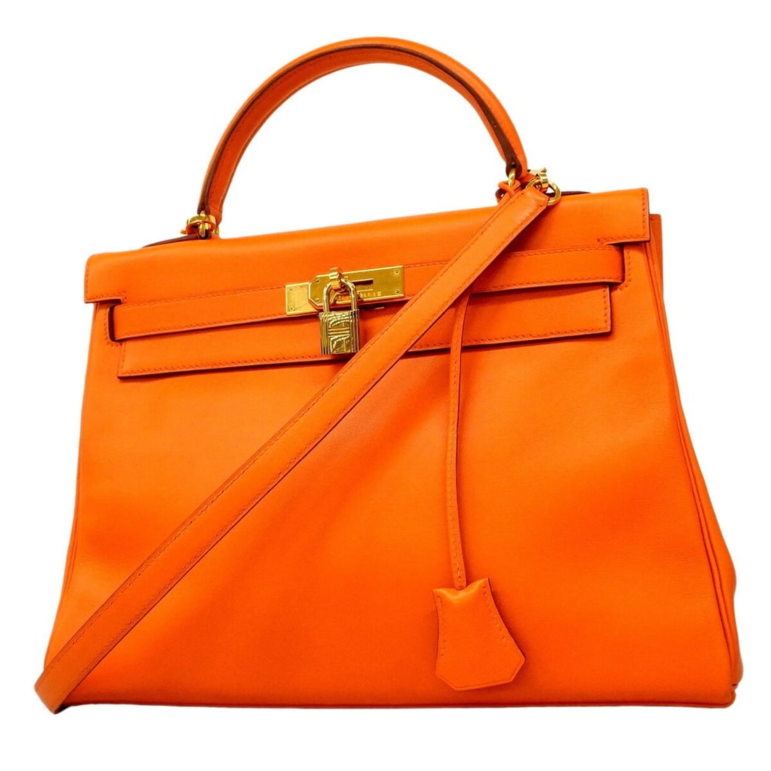 Hermes Kelly 32 Swift Handbag, Orange, ?A Stamp, 2-way bag for women: --- Catalog ---Category: SizeSize (HxWxD): 23.5cm x 32cm x 12cm / 9.25'' x 12.59'' x 4.72''Category: DesignType: HandbagColor: OrangeGender: WomenMaterial: Swift leather Hardware Color: GoldCategory: 
