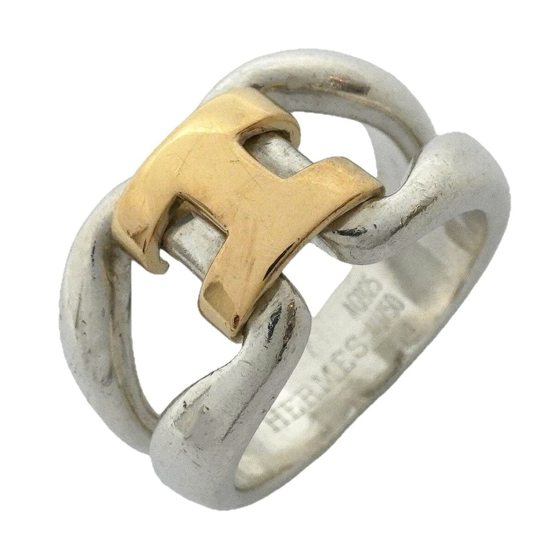 Hermes History Ring, 18K Yellow Gold (KYG), Sterling Silver 925, Size 54, Women's.: --- Catalog ---Category: SizeUS Size: 7Brand Size: 54Category: DesignType: Band ringGender: WomenMaterial: Silver 925, Yellow gold (18K)Category: GeneralBrand: Hermes--- Item List ---Section: Conditio