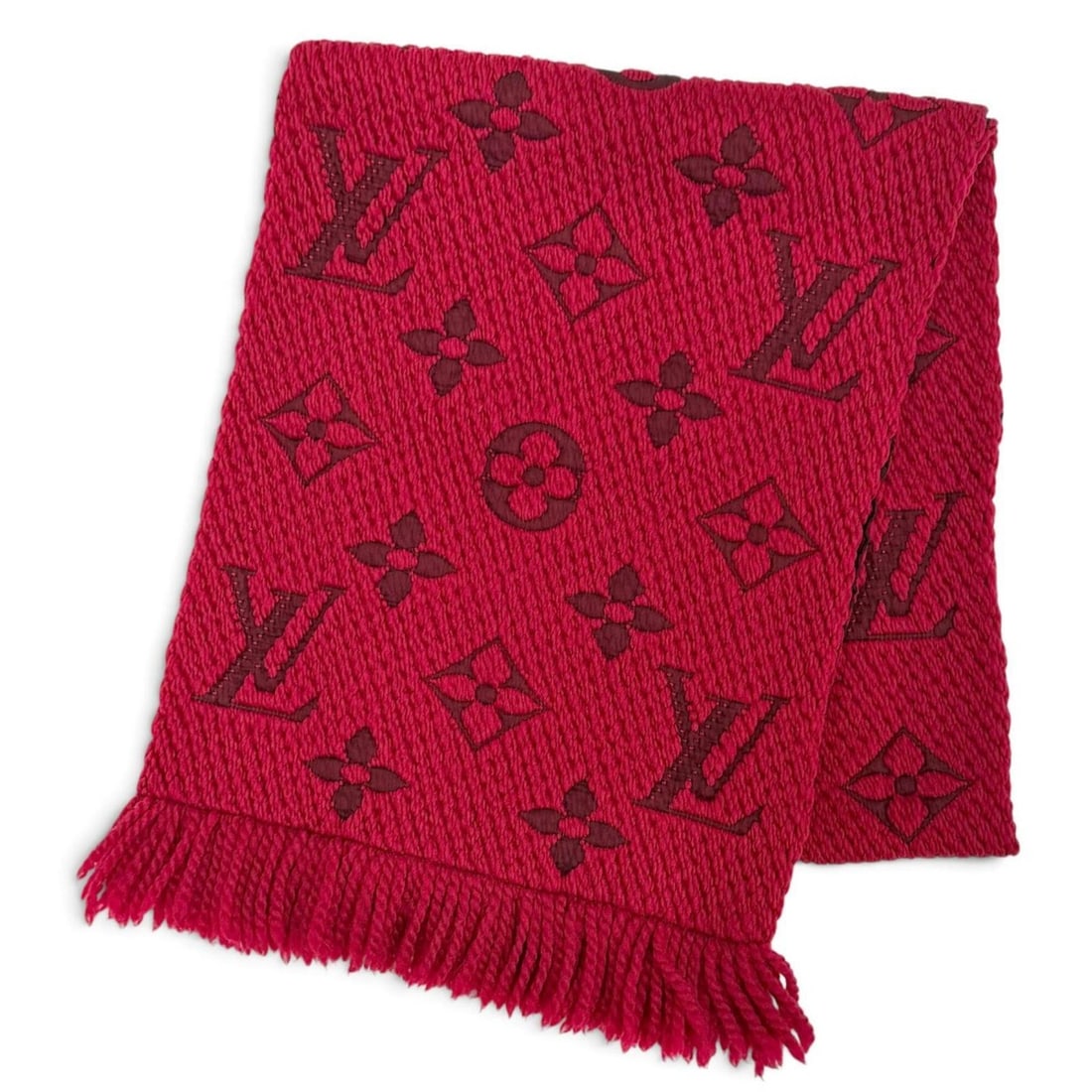 LOUIS VUITTON 413287 Echarpe Logomania Wool Silk Ruby Monogram Fringe Stole Scarf Red Made in Italy: --- Catalog ---Category: SizeSize (LxW): 1.46m x 30.5cm / 57.48'' x 12''Category: DesignType: StoleColor: Red color, RubyGender: WomenMaterial: Wool , Silk Category: GeneralMPN: 413287Brand: Louis Vui