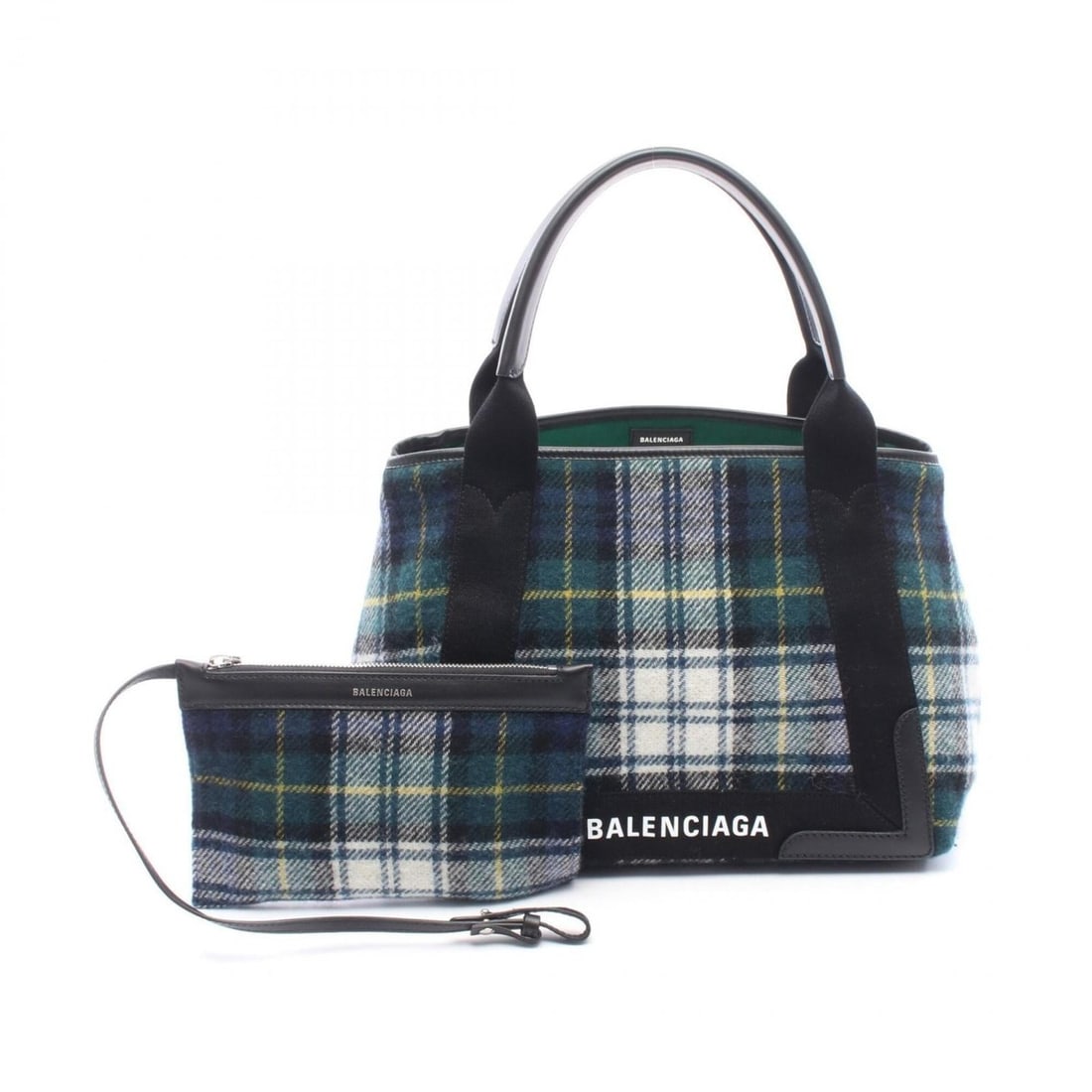 Balenciaga NAVY CABAS S Navy Cabas Check Tote Bag Handbag Wool Leather Women's Green Black