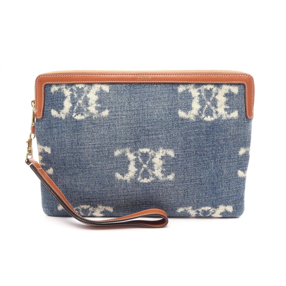 Celine Triomphe Second Bag Clutch Handbag Denim Leather Women's Navy Brown