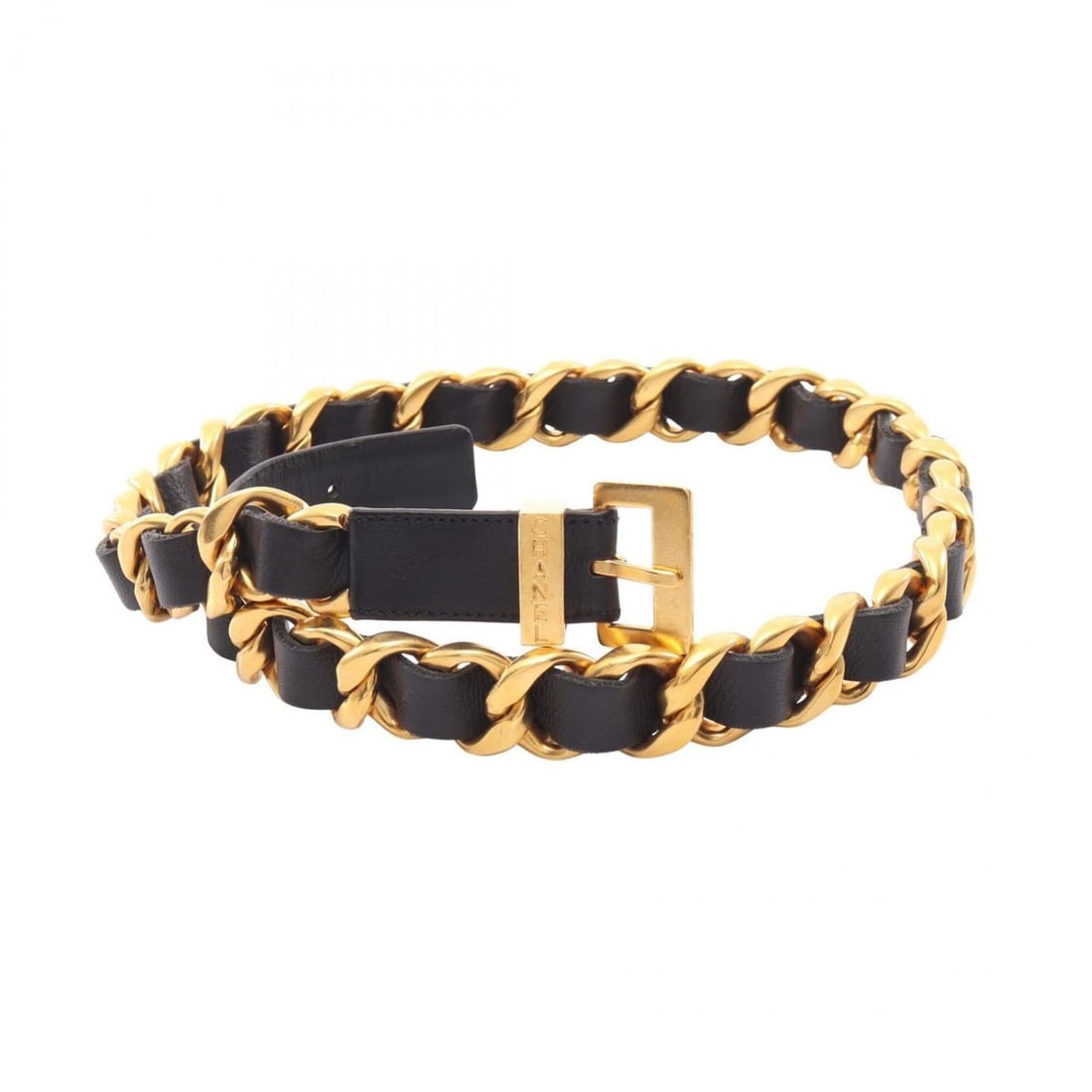 Chanel logo chain belt, leather, women's, gold/black.: --- Catalog ---Category: SizeLength: 71cm - 75cm / 27.95'' - 29.52''Category: DesignType: Chain beltColor: Black, GoldGender: WomenMaterial (Strap): Leather Category: GeneralBrand: Chanel--- Item List